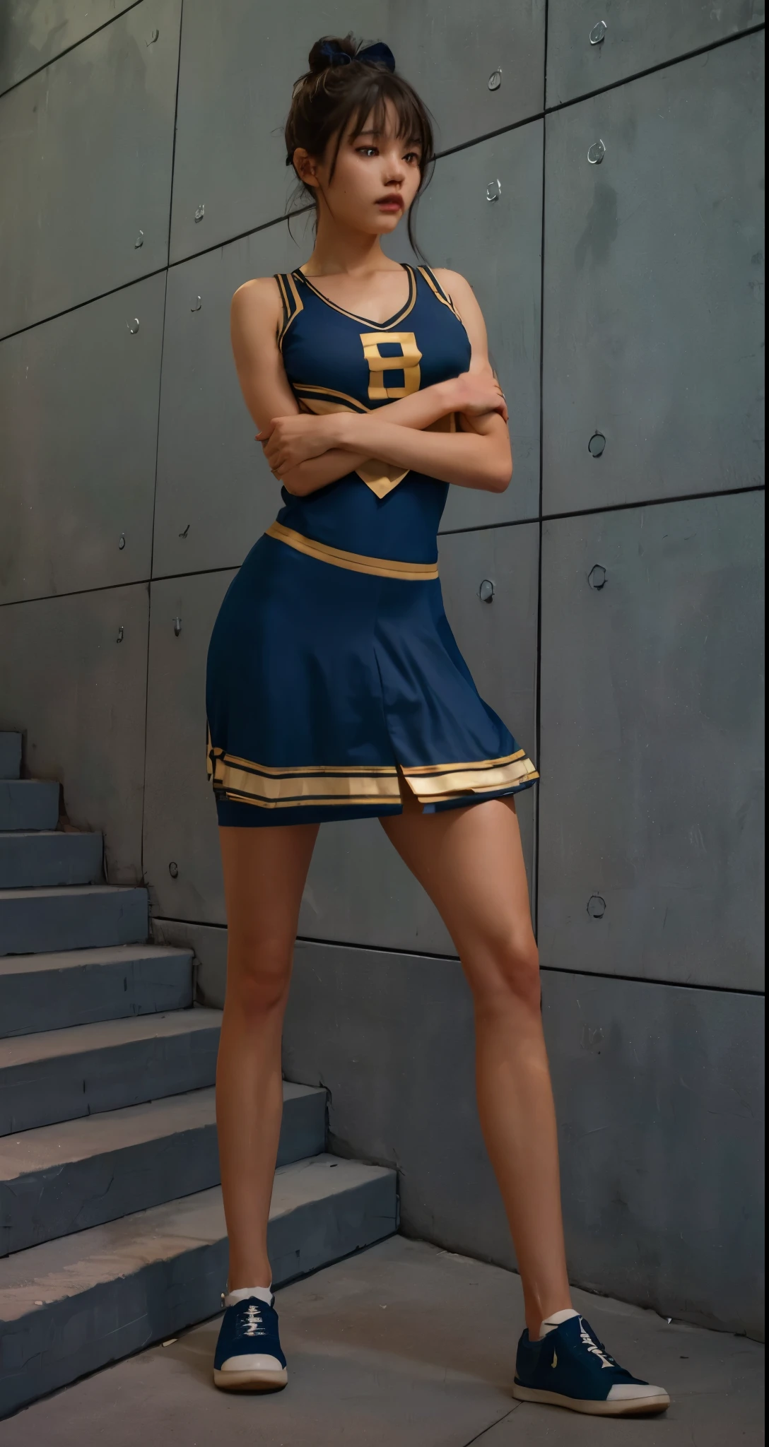 Real life adaption of this character, beauty Australian girl face, realistic same hair tied with ribbon, eyes looking to camera,detail eyes,realistic same outfit , realistic same uniform,with same pattern, realistic same skirt, realistic same shoes, realistic background, realistic light, realistic shadow, realism, hyper realistic,(photorealistic 1:2),high definition,detail,4k