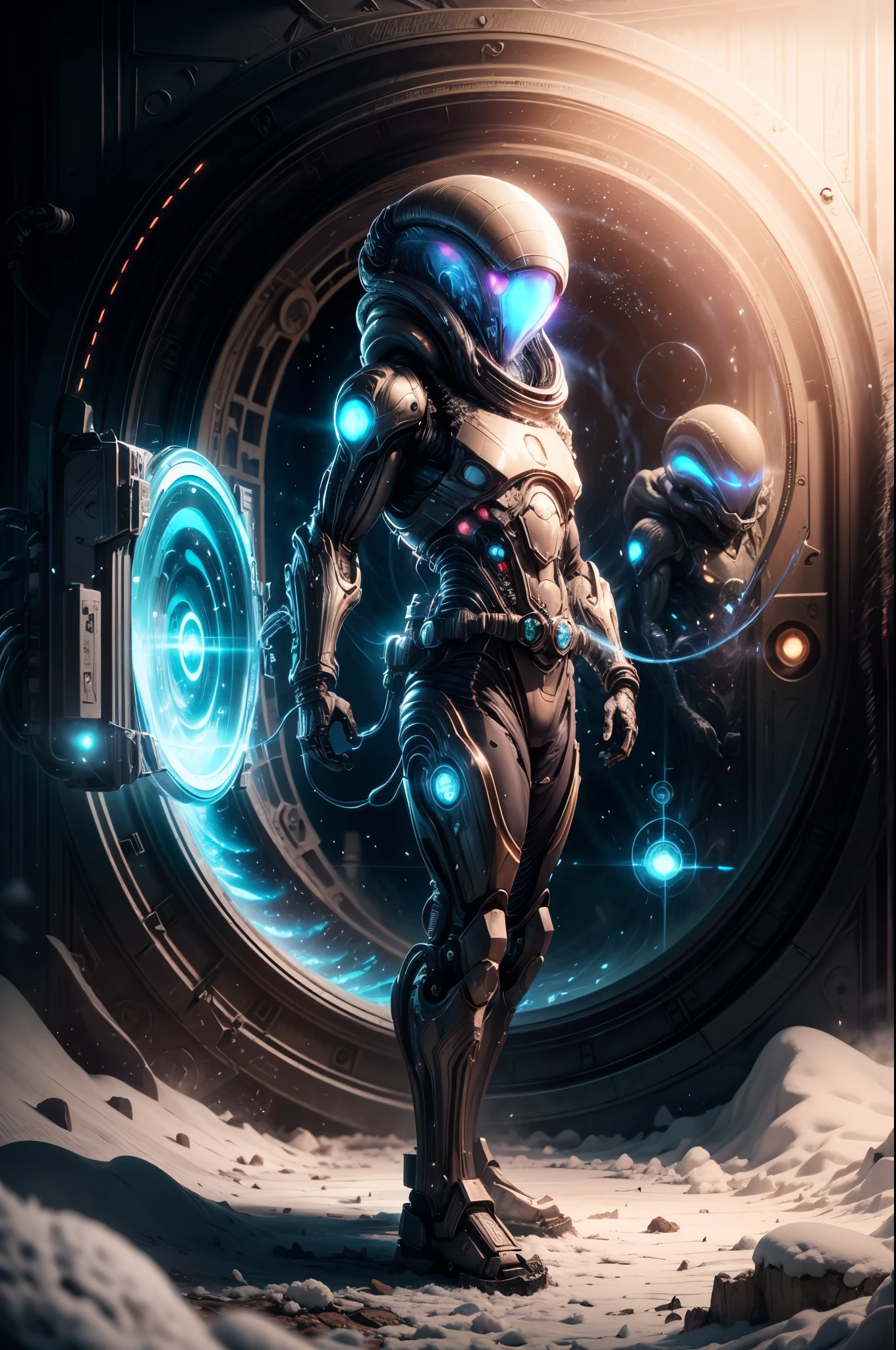 masterpiece, best quality, official art, extremely detailed CG unity 8k wallpaper, highly detailed, absurdres, 8k resolution, Panorama, Depth of field, (((titans))), solo, (soldier), thick eyebrows, beard, dark_persona, short hair, black hair, pauldrons, aviator sunglasses, cybernetic prosthesis, (safari jacket), (turning around), (look at viewer), in winter, snow,ice, snowflakes, (glacier), ((art nouveau)), ((alphonse mucha)), available light, Cinematic Lighting, (Magic Vortex),(alien portal:1.5,enters the portal:1.5)