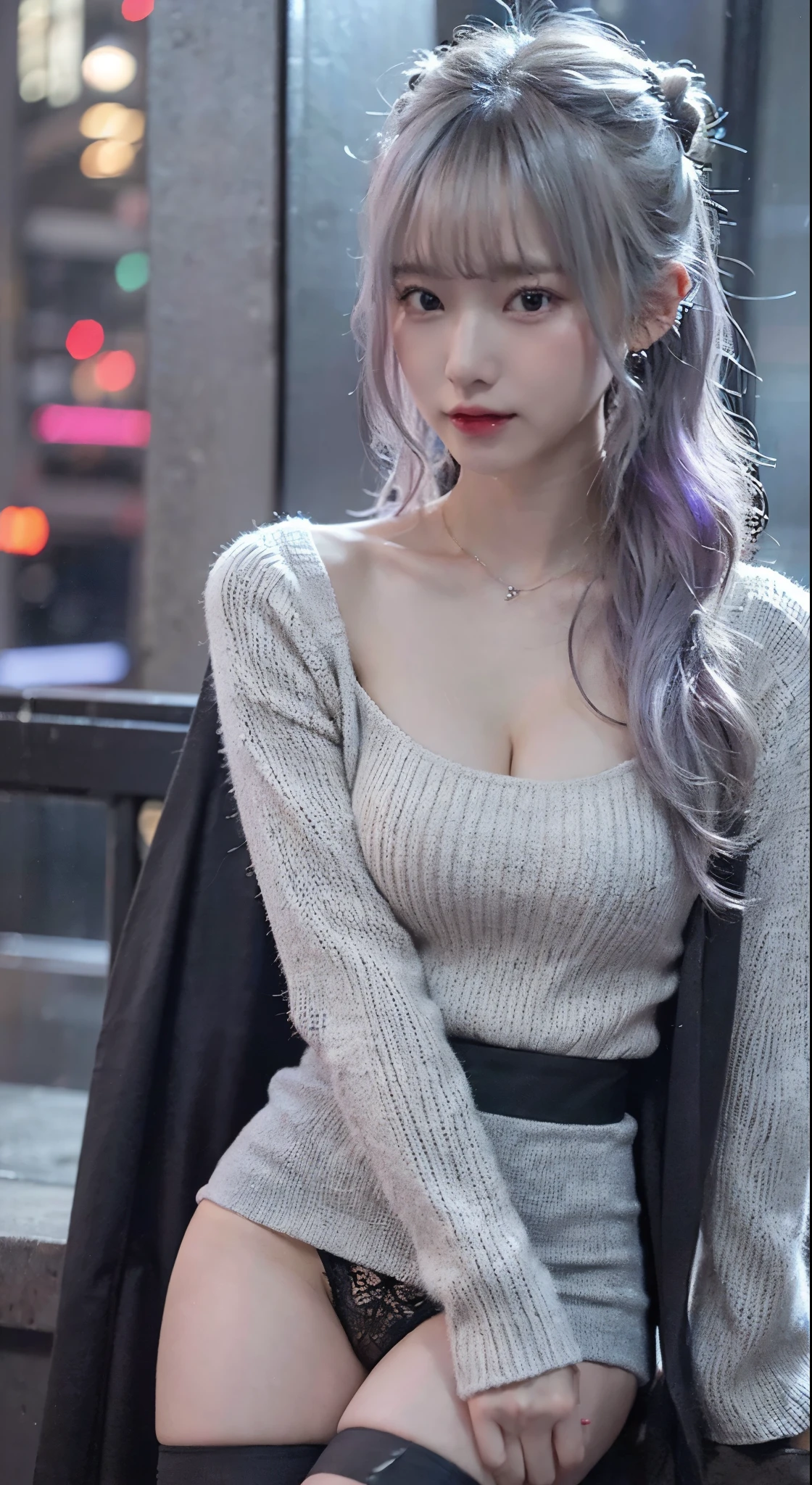 Realistic young gravure idol、japanese model、Young and cute gravure idol、attractive pose、japanese goddess、young gravure idol、Young skinny gravure idol、(masterpiece:1.3)、(8K、photorealism、Raw photo、best image quality:1.4)、18 year old Japanese girl、super detail face、eye for details、double eyelid、sharp focus:1.2、Beautiful woman:1.4、highest quality、Super high resolution、(Photoreal:1.4)、thin、肋骨が浮かぶcityscape、in cyberpunk city、cityscape、girl、laughter、((gray hair))、wavy hair、bun hair、hairpin、purple hair band、beautiful and fine eyes、sweater dress、ribbed sweater、mini skirt、(The skirt has a slit that goes all the way to the waist.:1.u can see black panties through the slit:1.2)、sexy lingerie、garter belt stockings、knees、Knee-high boots、necklace、half glove ingarless shit、all、((skirt lift))、