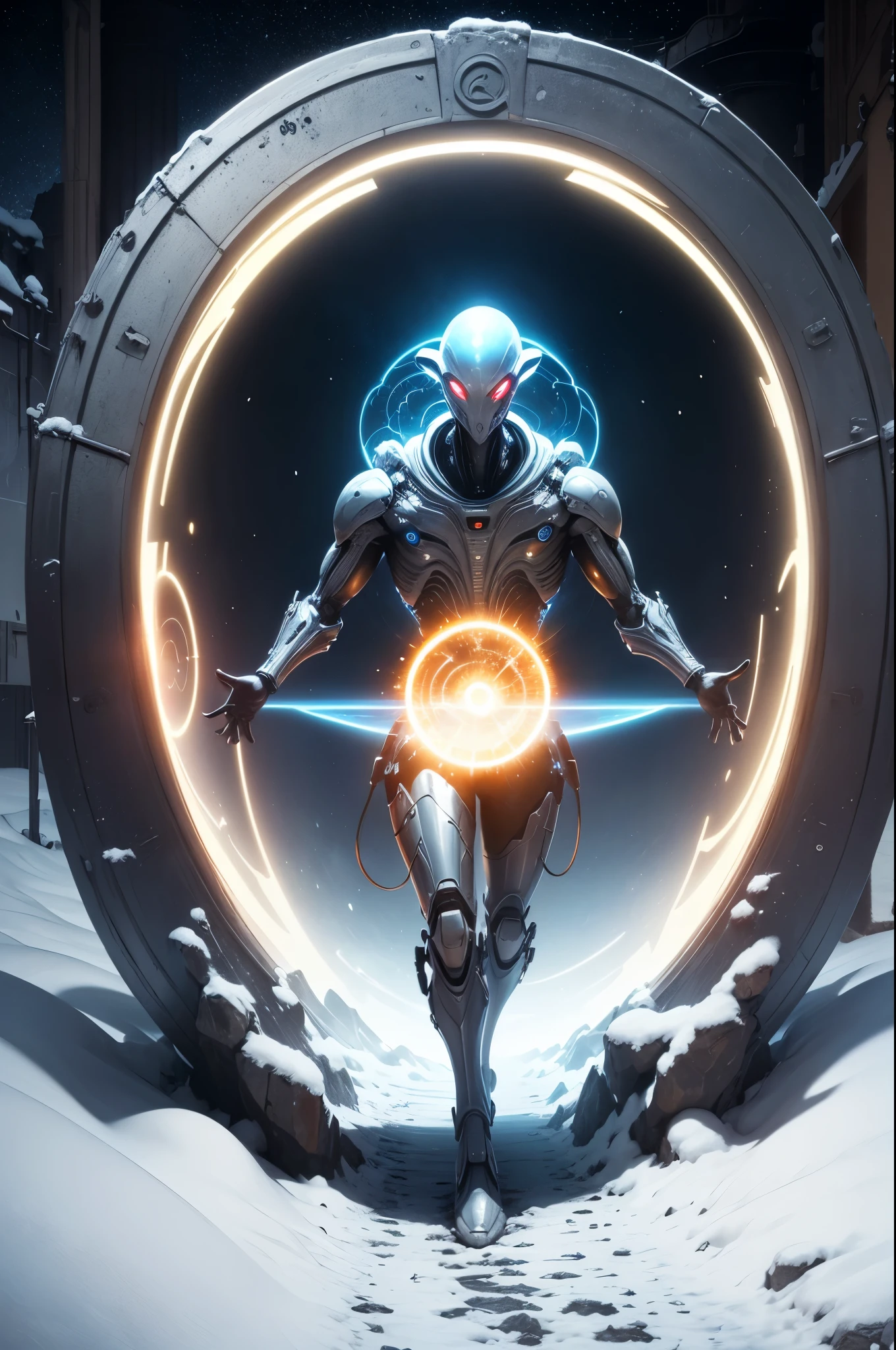 masterpiece, best quality, official art, extremely detailed CG unity 8k wallpaper, highly detailed, absurdres, 8k resolution, Panorama, Depth of field, (((titans))), solo, (soldier), thick eyebrows, beard, dark_persona, short hair, black hair, pauldrons, aviator sunglasses, cybernetic prosthesis, (safari jacket), (turning around), (look at viewer), in winter, snow,ice, snowflakes, (glacier), ((art nouveau)), ((alphonse mucha)), available light, Cinematic Lighting, (Magic Vortex),(alien portal:1.5,enters the portal:1.5)