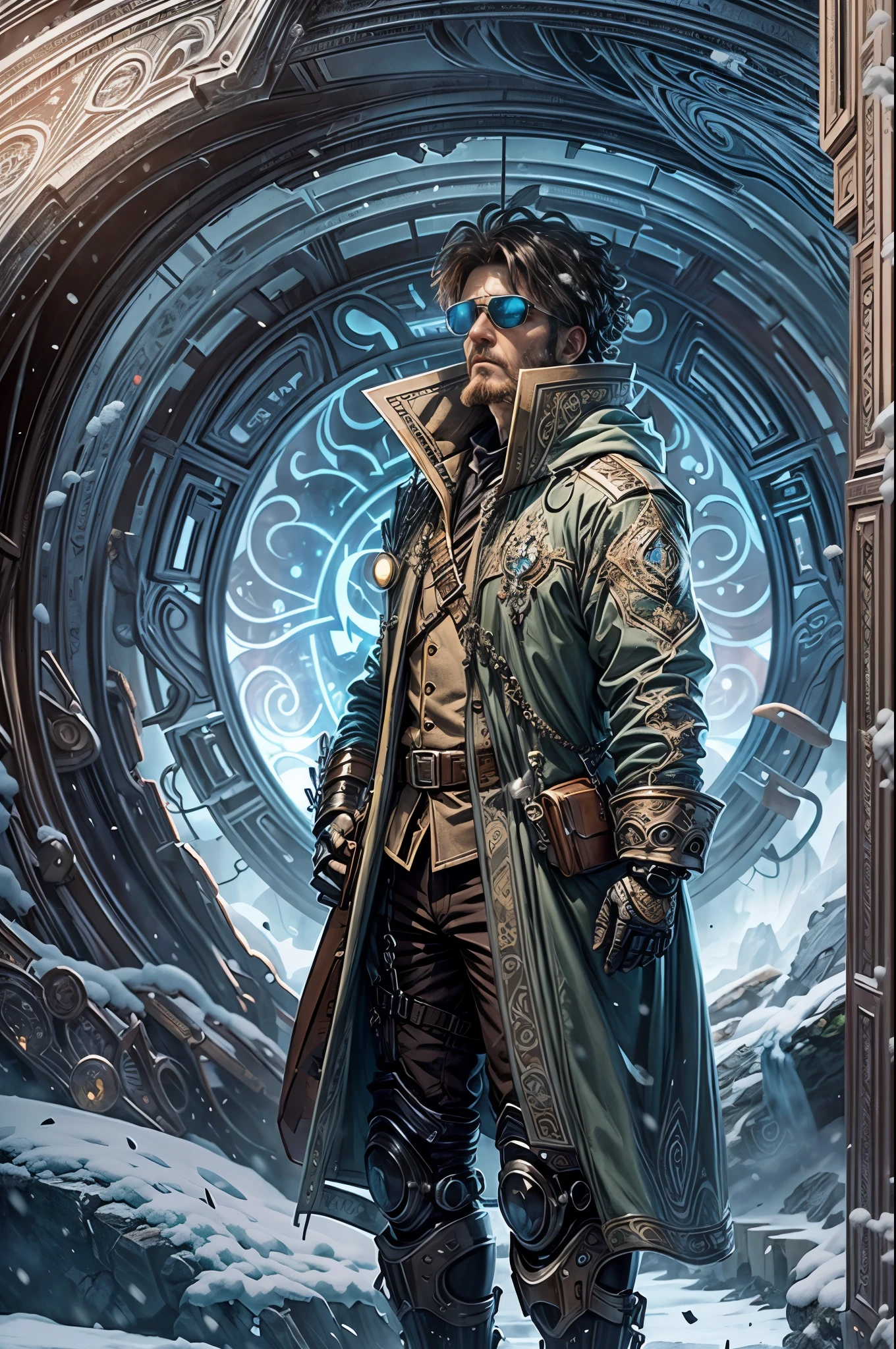 masterpiece, best quality, official art, extremely detailed CG unity 8k wallpaper, highly detailed, absurdres, 8k resolution, Panorama, Depth of field, (((titans))), solo, (soldier), thick eyebrows, beard, dark_persona, short hair, black hair, pauldrons, aviator sunglasses, cybernetic prosthesis, (safari jacket), (turning around), (look at viewer), in winter, snow,ice, snowflakes, (glacier), ((art nouveau)), ((alphonse mucha)), available light, Cinematic Lighting, (Magic Vortex),(alien portal:1.5,enters the portal:1.5)