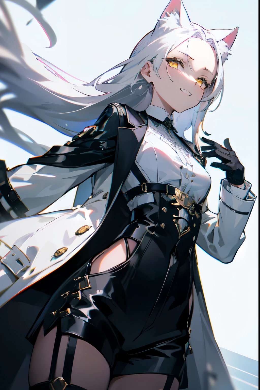 1girl, woman, solo, long hair, big hair, white hair, cat ears, (forehead:1.2), yellow eyes, medium breasts, devilish grin from below, white hair, (overcoat, black coat, open coat:1.2), white shirt, collared shirt, (chest harness, shoulder strap:1.15), black leather shorts, garter belt, gloves, Separate blades forming the silhouette of a serpent on his right arm, ((from below)), elegant, looking at viewer, standing, chromatic aberration, (close-up to face:1.2), face only masterpiece, best quality, 4k