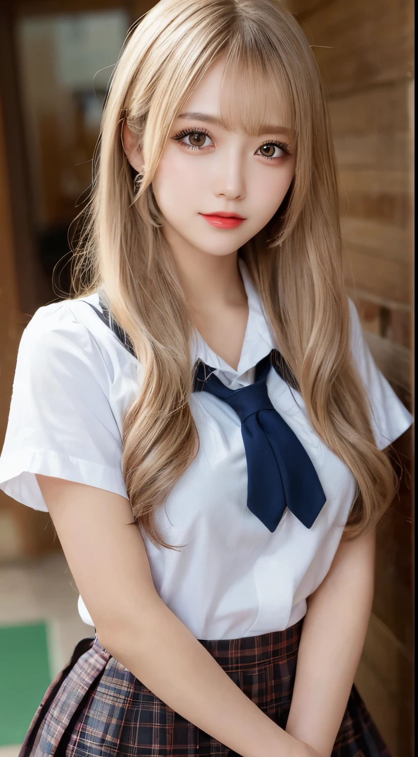 high quality、blonde、checked skirt、White Y-shirt、gal、mini skirt、Bright hair color、bronze hair、Sexy School Uniform、blonde、high school girl、Slender legs、beautiful eyelashes、High resolutionの顔、zoomout、20 years old、Knee-deep angle of view、best quality, illustration, Super detailed, fine details, High resolution, 8K Dende Wallpaper, beautiful detailed eyes, random cute hairstyles, C cup breasts, natural color lip