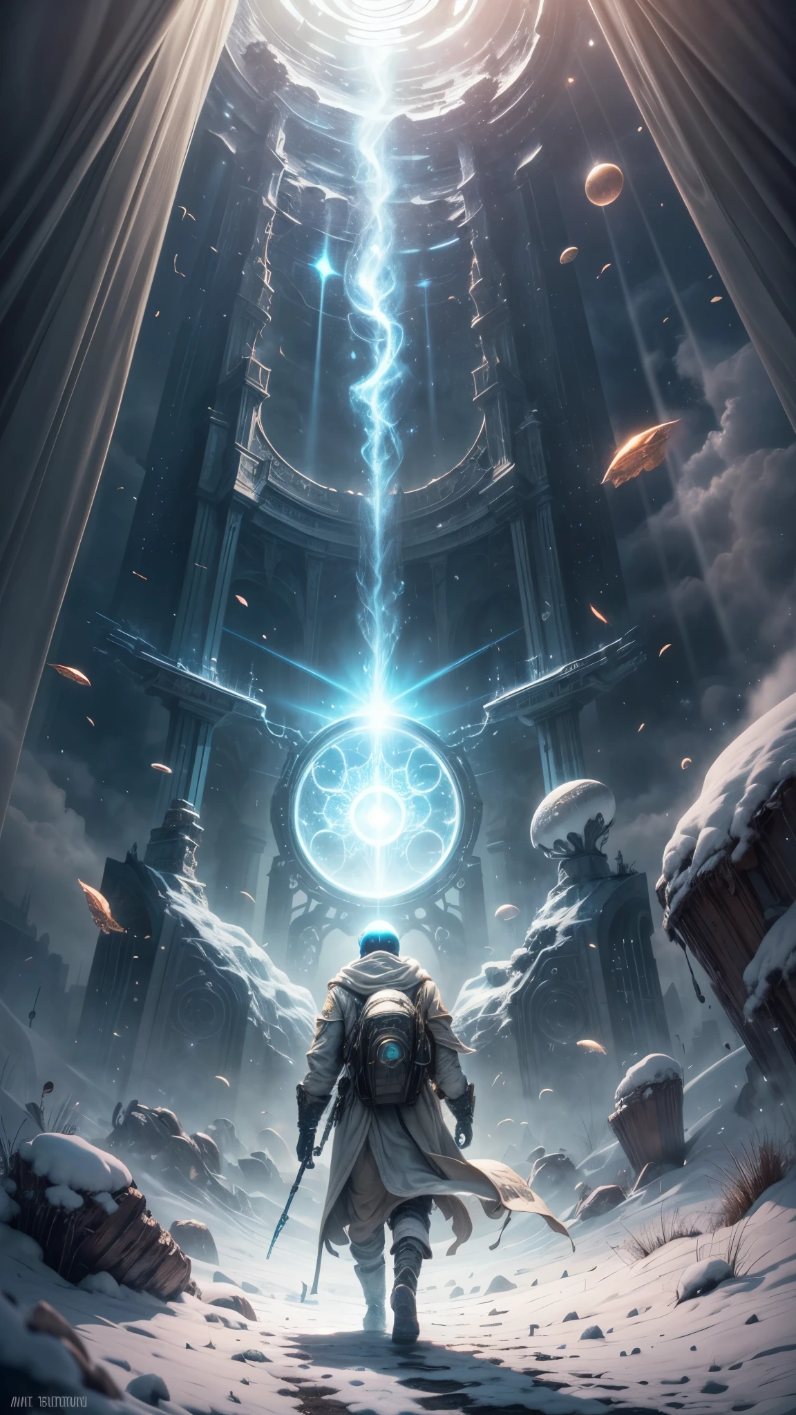 masterpiece, best quality, official art, extremely detailed CG unity 8k wallpaper, highly detailed, absurdres, 8k resolution, Panorama, Depth of field, (((titans))), solo, (soldier), thick eyebrows, beard, dark_persona, short hair, black hair, pauldrons, aviator sunglasses, cybernetic prosthesis, (safari jacket), (turning around), (look at viewer), in winter, snow,ice, snowflakes, (glacier), ((art nouveau)), ((alphonse mucha)), available light, Cinematic Lighting, (Magic Vortex),(alien portal:1.5,enters the portal:1.5)