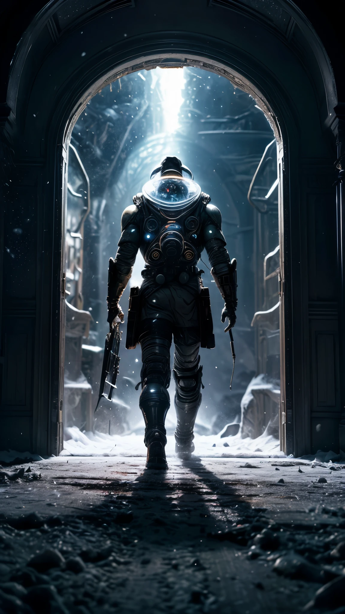 masterpiece, best quality, official art, extremely detailed CG unity 8k wallpaper, highly detailed, absurdres, 8k resolution, Panorama, Depth of field, (((titans))), solo, (soldier), thick eyebrows, beard, dark_persona, short hair, black hair, pauldrons, aviator sunglasses, cybernetic prosthesis, (safari jacket), (turning around), (look at viewer), in winter, snow,ice, snowflakes, (glacier), ((art nouveau)), ((alphonse mucha)), available light, Cinematic Lighting, (Magic Vortex),(alien portal:1.5,enters the portal:1.5)