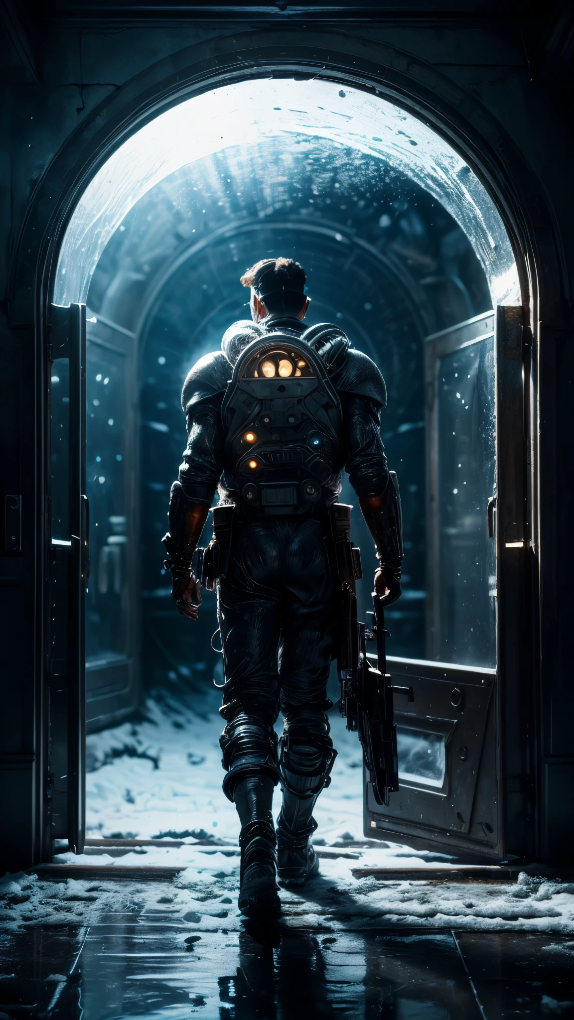 masterpiece, best quality, official art, extremely detailed CG unity 8k wallpaper, highly detailed, absurdres, 8k resolution, Panorama, Depth of field, (((titans))), solo, (soldier), thick eyebrows, beard, dark_persona, short hair, black hair, pauldrons, aviator sunglasses, cybernetic prosthesis, (safari jacket), (turning around), (look at viewer), in winter, snow,ice, snowflakes, (glacier), ((art nouveau)), ((alphonse mucha)), available light, Cinematic Lighting, (Magic Vortex),(alien portal:1.5,enters the portal:1.5)