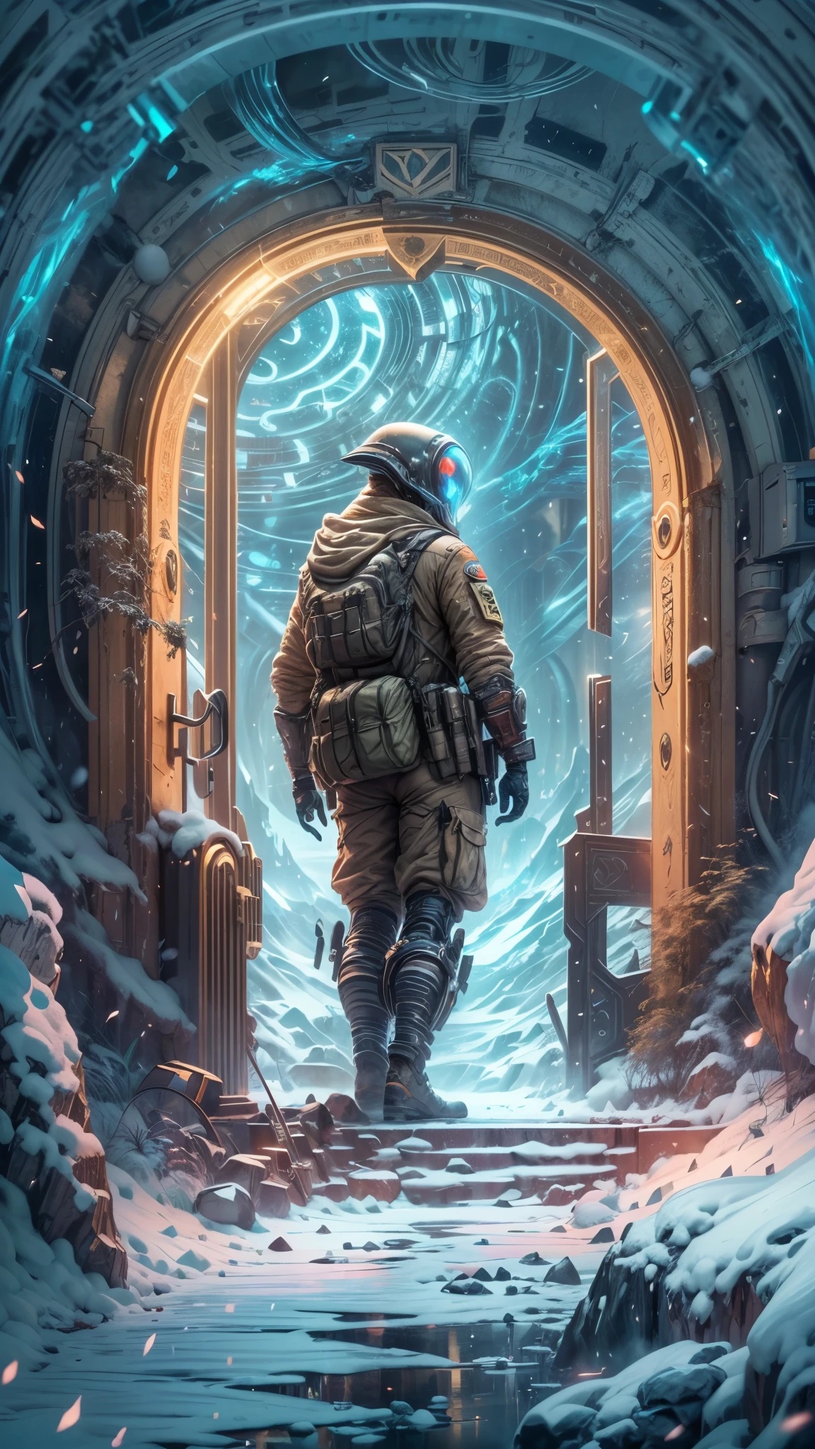 masterpiece, best quality, official art, extremely detailed CG unity 8k wallpaper, highly detailed, absurdres, 8k resolution, Panorama, Depth of field, (((titans))), solo, (soldier), thick eyebrows, beard, dark_persona, short hair, black hair, pauldrons, aviator sunglasses, cybernetic prosthesis, (safari jacket), (turning around), (look at viewer), in winter, snow,ice, snowflakes, (glacier), ((art nouveau)), ((alphonse mucha)), available light, Cinematic Lighting, (Magic Vortex),(alien portal:1.5,enters the portal:1.5)