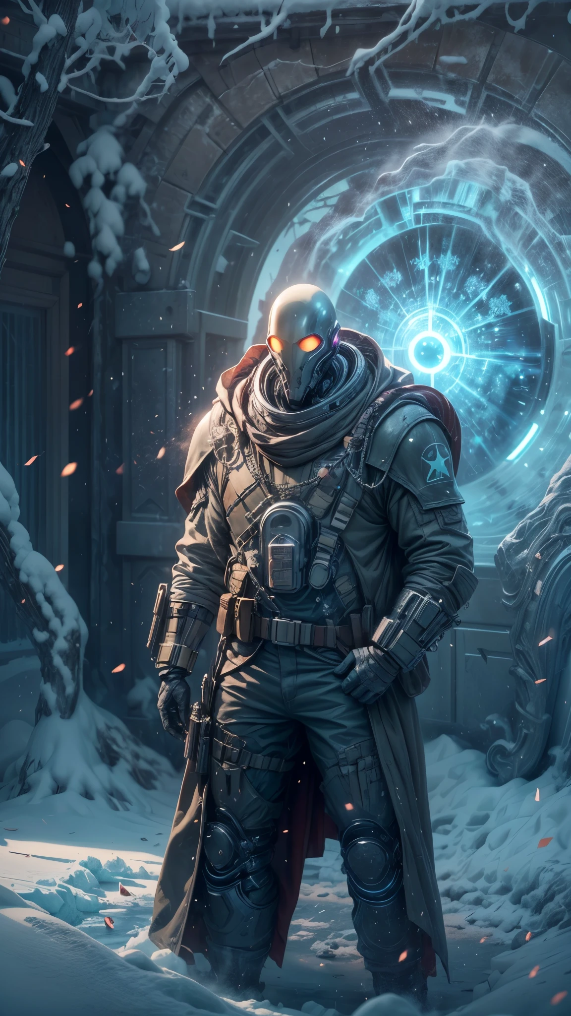 masterpiece, best quality, official art, extremely detailed CG unity 8k wallpaper, highly detailed, absurdres, 8k resolution, Panorama, Depth of field, (((titans))), solo, (soldier), thick eyebrows, beard, dark_persona, short hair, black hair, pauldrons, aviator sunglasses, cybernetic prosthesis, (safari jacket), (turning around), (look at viewer), in winter, snow,ice, snowflakes, (glacier), ((art nouveau)), ((alphonse mucha)), available light, Cinematic Lighting, (Magic Vortex),(alien portal:1.5,enters the portal:1.5)