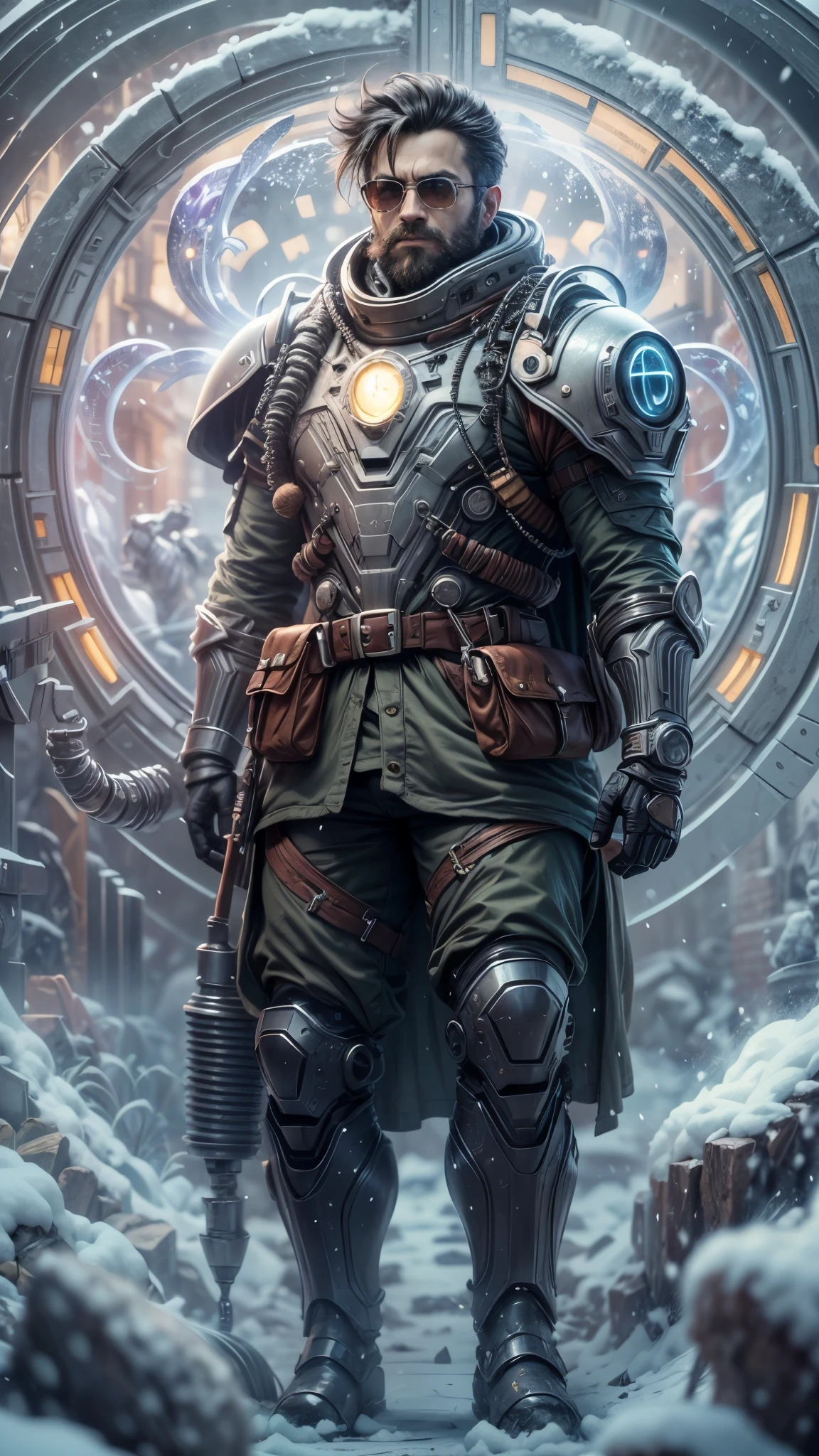masterpiece, best quality, official art, extremely detailed CG unity 8k wallpaper, highly detailed, absurdres, 8k resolution, Panorama, Depth of field, (((titans))), solo, (soldier), thick eyebrows, beard, dark_persona, short hair, black hair, pauldrons, aviator sunglasses, cybernetic prosthesis, (safari jacket), (turning around), (look at viewer), in winter, snow,ice, snowflakes, (glacier), ((art nouveau)), ((alphonse mucha)), available light, Cinematic Lighting, (Magic Vortex),(alien portal:1.5,enters the portal:1.5)