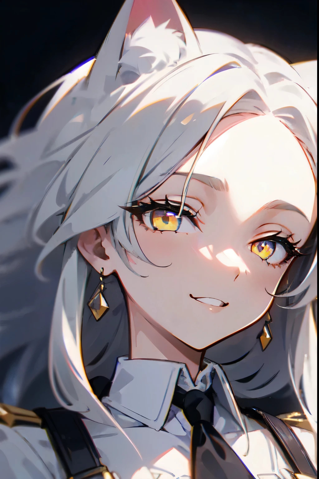 1girl, woman, solo, long hair, big hair, white hair, cat ears, (forehead:1.2), yellow eyes, medium breasts, devilish grin from below, white hair, (overcoat, black coat, open coat:1.2), white shirt, collared shirt, (chest harness, shoulder strap:1.15), black leather shorts, garter belt, gloves, ((from below)), elegant, looking at viewer, standing, chromatic aberration, (close-up to face:1.2), face only masterpiece, best quality, 4k