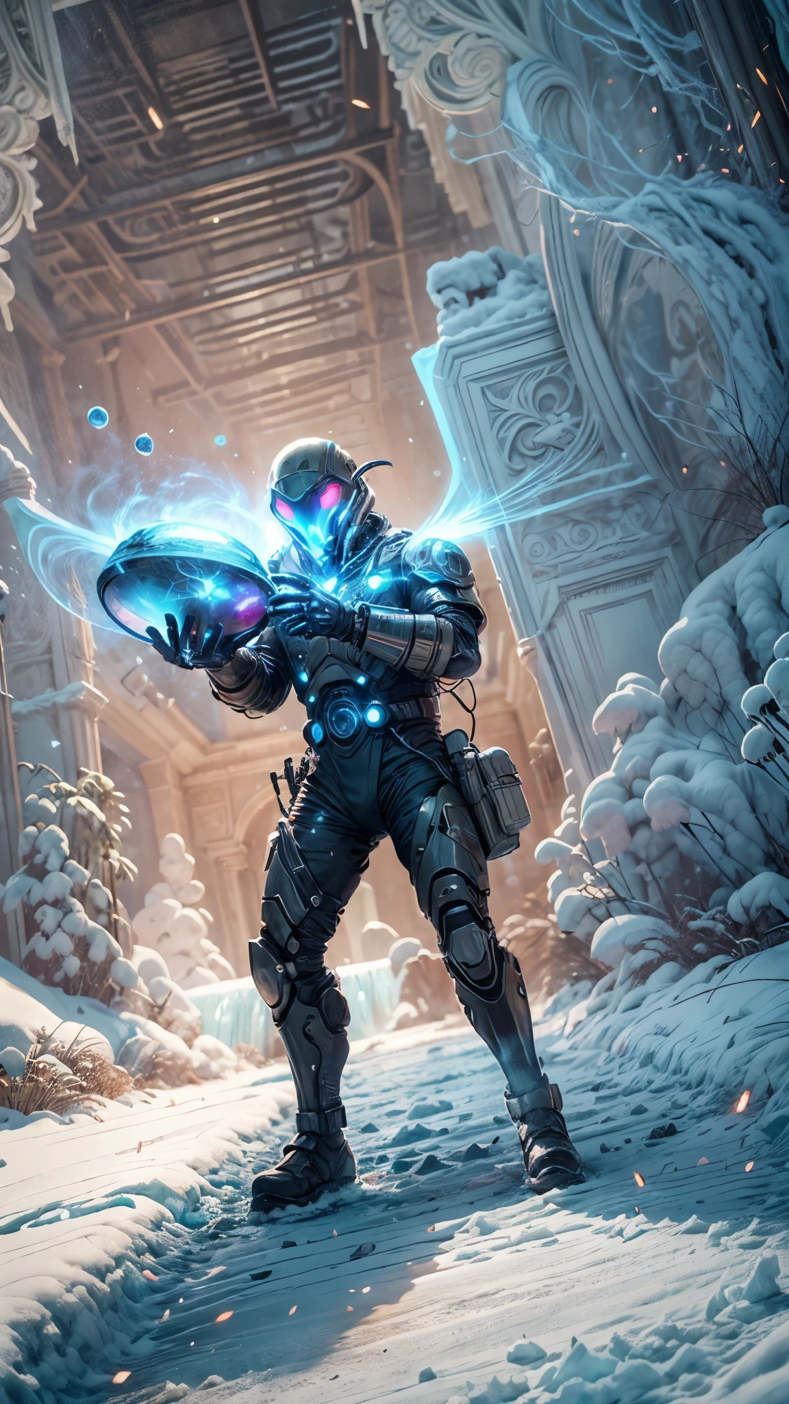 masterpiece, best quality, official art, extremely detailed CG unity 8k wallpaper, highly detailed, absurdres, 8k resolution, Panorama, Depth of field, (((titans))), solo, (soldier), thick eyebrows, beard, dark_persona, short hair, black hair, pauldrons, aviator sunglasses, cybernetic prosthesis, (safari jacket), (turning around), (look at viewer), in winter, snow,ice, snowflakes, (glacier), ((art nouveau)), ((alphonse mucha)), available light, Cinematic Lighting, (Magic Vortex),(alien portal:1.5,enters the portal:1.5)