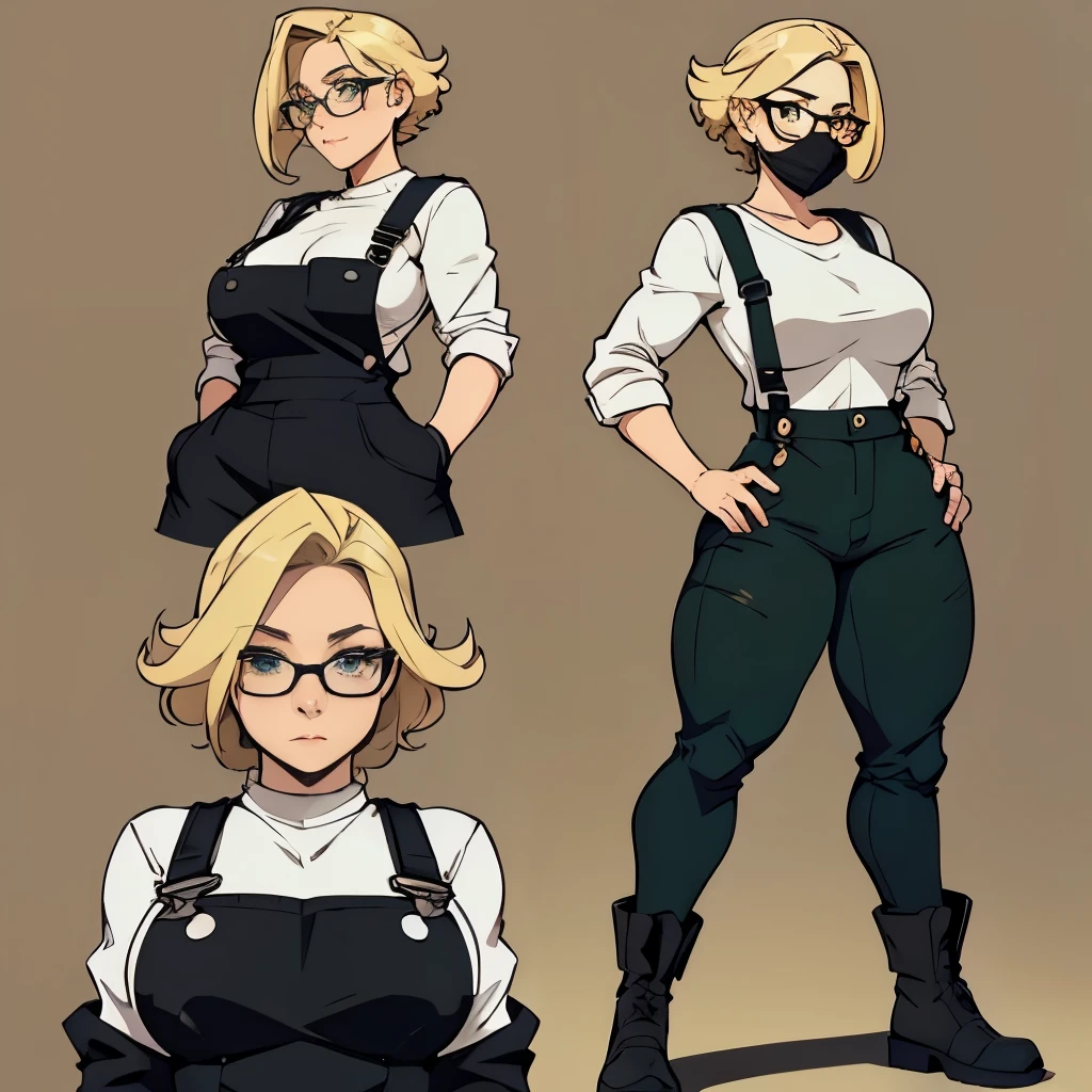 A bigger bodied girl, wearing black overalls, german heritage, blonde short floofy hair, green eyes, thick, black mask, glasses, full body, character sheet, white shirt