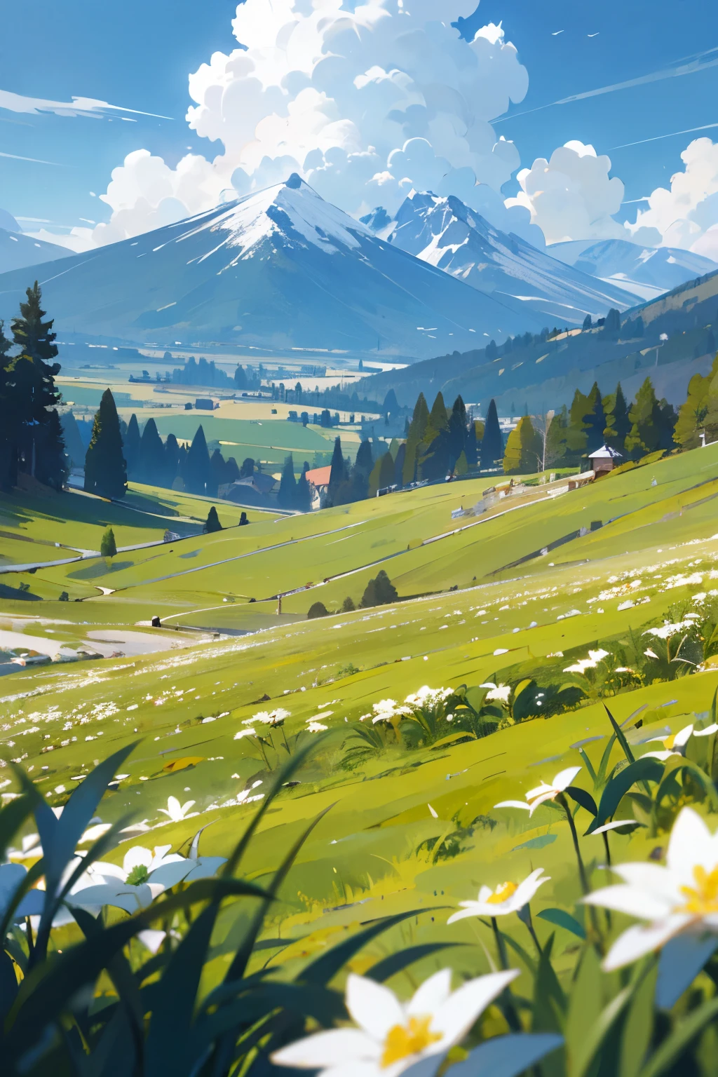 Blue sky and white clouds,Snow-capped mountains in the distance,Green grass grows wildly all around,Grass mixed with some white flowers,A breeze hits,The leaves on the shrubs gently lift