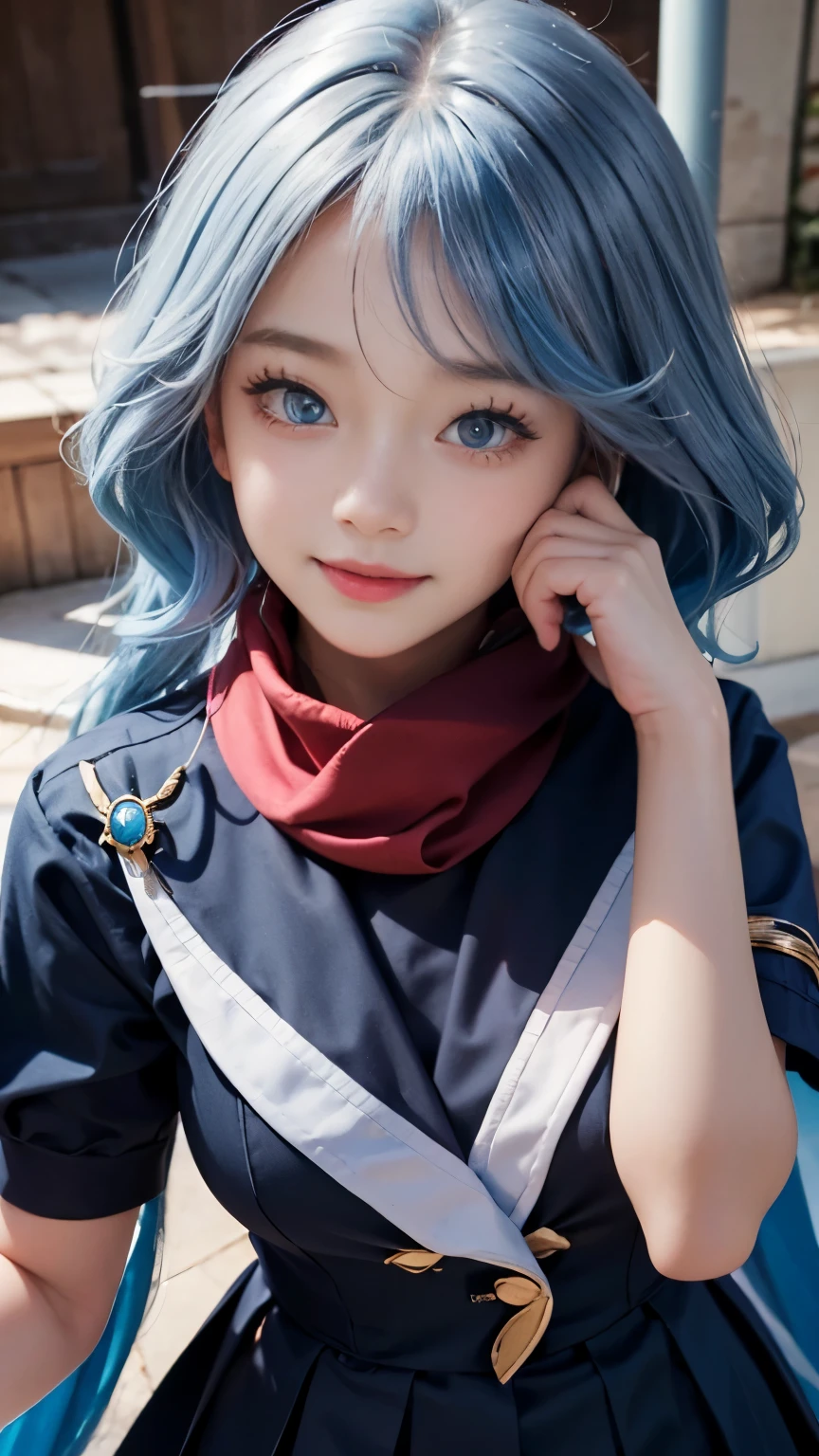 1 6 year old girl，Elementary school student wearing a red scarf，child，happy grin，Cute little girl skin color，blue eyes，blue hair，curls、semi long hair，Cute pink lips，Wear blue sailor suit、black pleated skirt，Realistic illustration of her face，Finger realistic，Fascinating sketches，Smooth and shiny，Hazy，super blanket style，School background--ar 1:1--Niji 5--Stylistic expression--S 50，No makeup，Super cute without makeup
