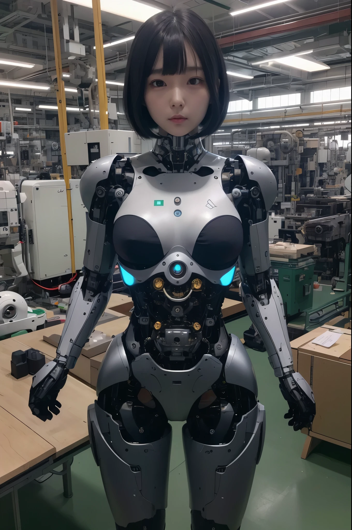 masterpiece, best quality, extremely detailed, Japaese android girl,Plump , control panels,android,Droid,Mechanical Hand, Robot arms and legs, Black hair,Blunt bangs,perfect robot girl,long tube,thick cable connected her neck,android,robot,humanoid,cyborg,japanese cyborg girl ,robot-assembly plant,She is assembled now,assembly scene,chest monitor camera eyes