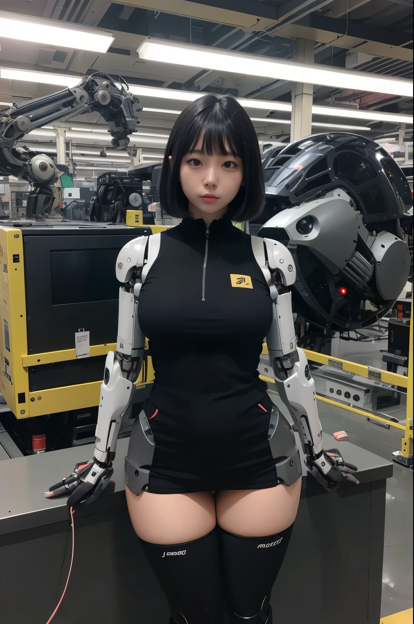 masterpiece, best quality, extremely detailed, Japaese android girl,Plump , control panels,android,Droid,Mechanical Hand, Robot arms and legs, Black hair,Blunt bangs,perfect robot girl,long tube,thick cable connected her neck,android,robot,humanoid,cyborg,japanese cyborg girl ,robot-assembly plant,She is assembled now,assembly scene,chest monitor camera eyes
