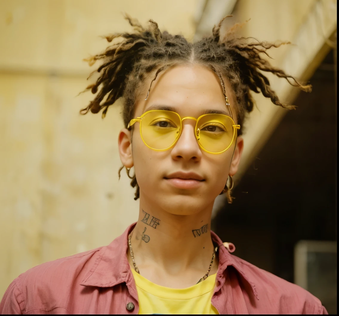 young boy dreadlocks hair,pink shirt,tatoo neck,yellow glasses,realistic,ultra detail,70mm lens