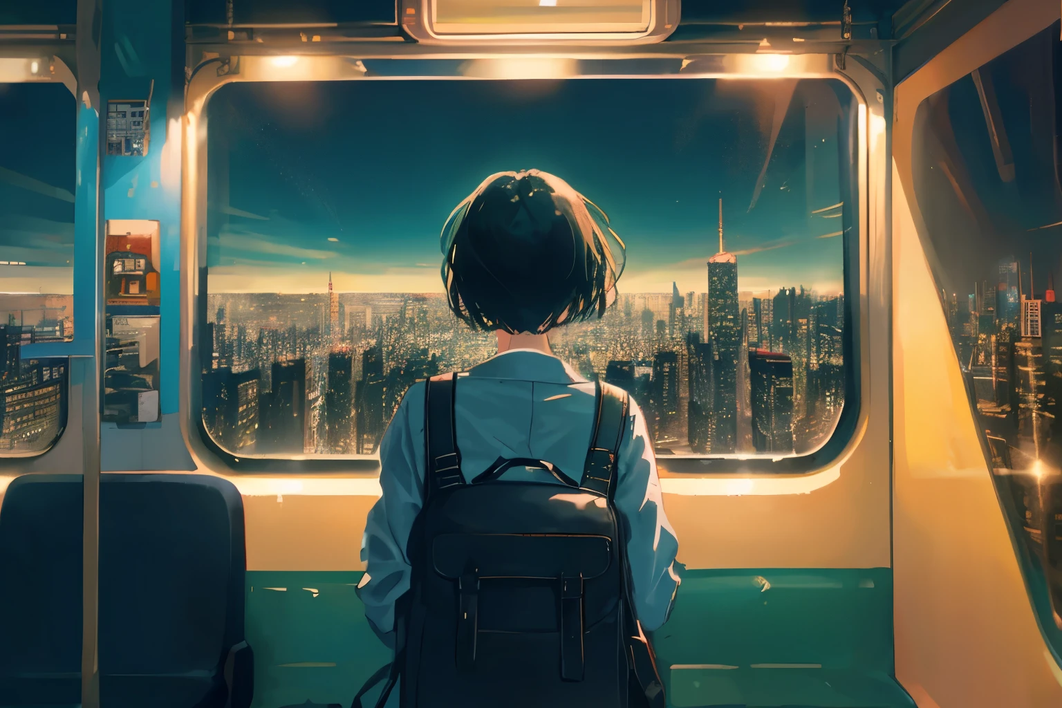 Create exquisite illustrations reminiscent of Makoto Shinkai's style, It has ultra-fine details and top-notch quality. Craft a captivating illustration cityscape that blends nostalgia with cyberpunk elements. Infuse the entire scene with a fantastical and intricate ambiance, ensuring a high-quality output. Detail the nostalgic interior of the train, with vintage decor and soft, warm lighting, creating a cozy atmosphere. Outside the window, depict a cyberpunk cityscape with towering skyscrapers adorned with neon lights and holographic billboards, juxtaposing the old-world charm of the train with the futuristic urban landscape.  capturing a sense of wonder and curiosity as she observes the bustling metropolis passing by. Aim for a composition that transports the viewer into a dreamlike world where past and future collide in a mesmerizing tapestry of urban life seen through the lens of a train journey. best quality, masterpiece
