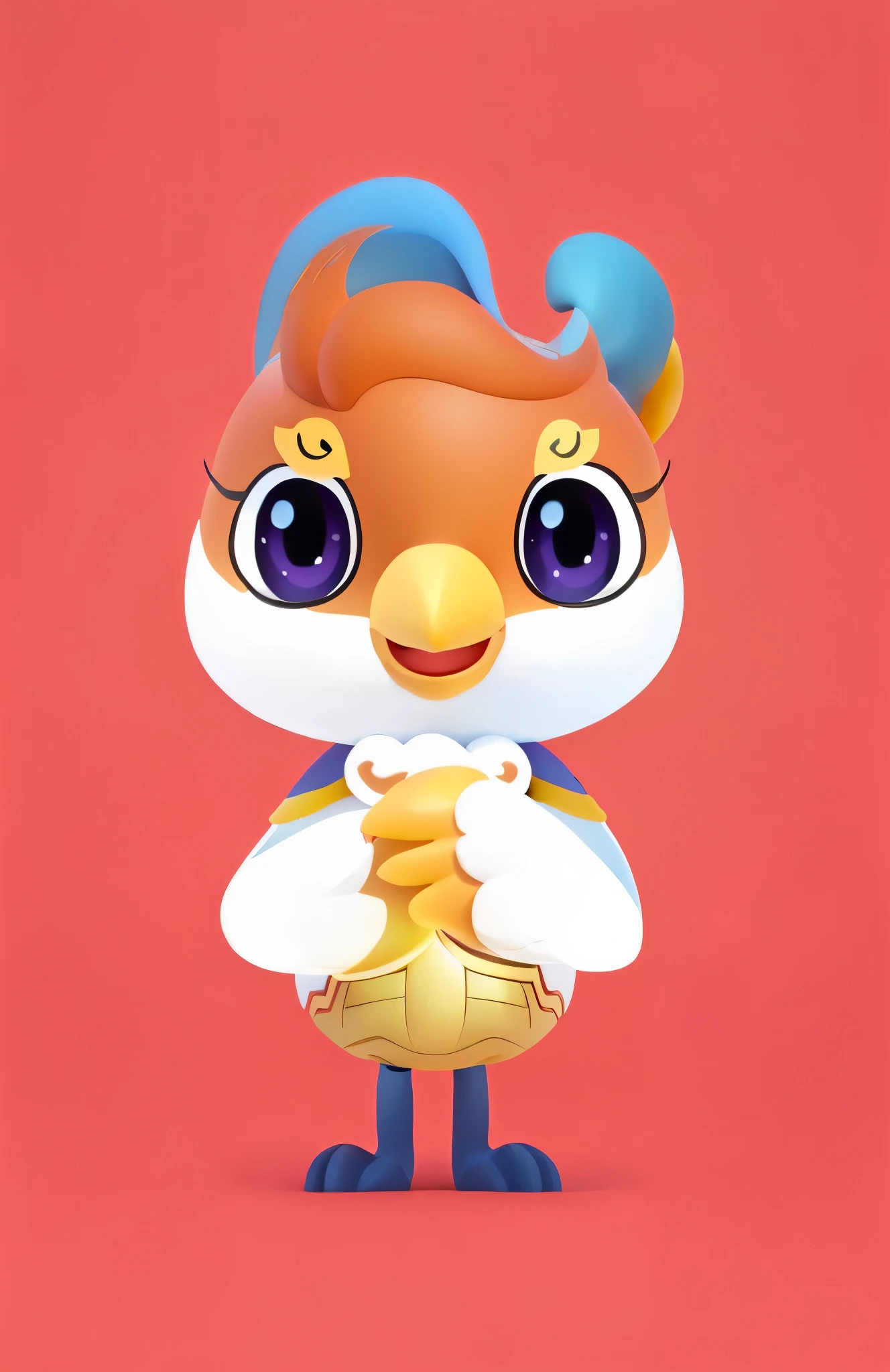 (best quality),(masterpiece),high details,extremely_detailed_CG_unity_8k_wallpaper, solo,Cartoon illustration of a bird wearing a blue hat and a red tail, 3D,expansion,simple background, open mouth, purple eyes, standing, full body, own hands together, looking at viewer, cartoon character, Official character illustrations, elf character,,super detailed,lovely,absurdres,Inspired by Puhua, birb, royal bird, Anthropomorphic chicken, marco the phoenix, anthropomorphic bird, mascot illustration, cartoon character, Fox fairy holding a torch, magic frozen ice phoenix egg, Chicken Feather Armor, merge characters, inspired by trees