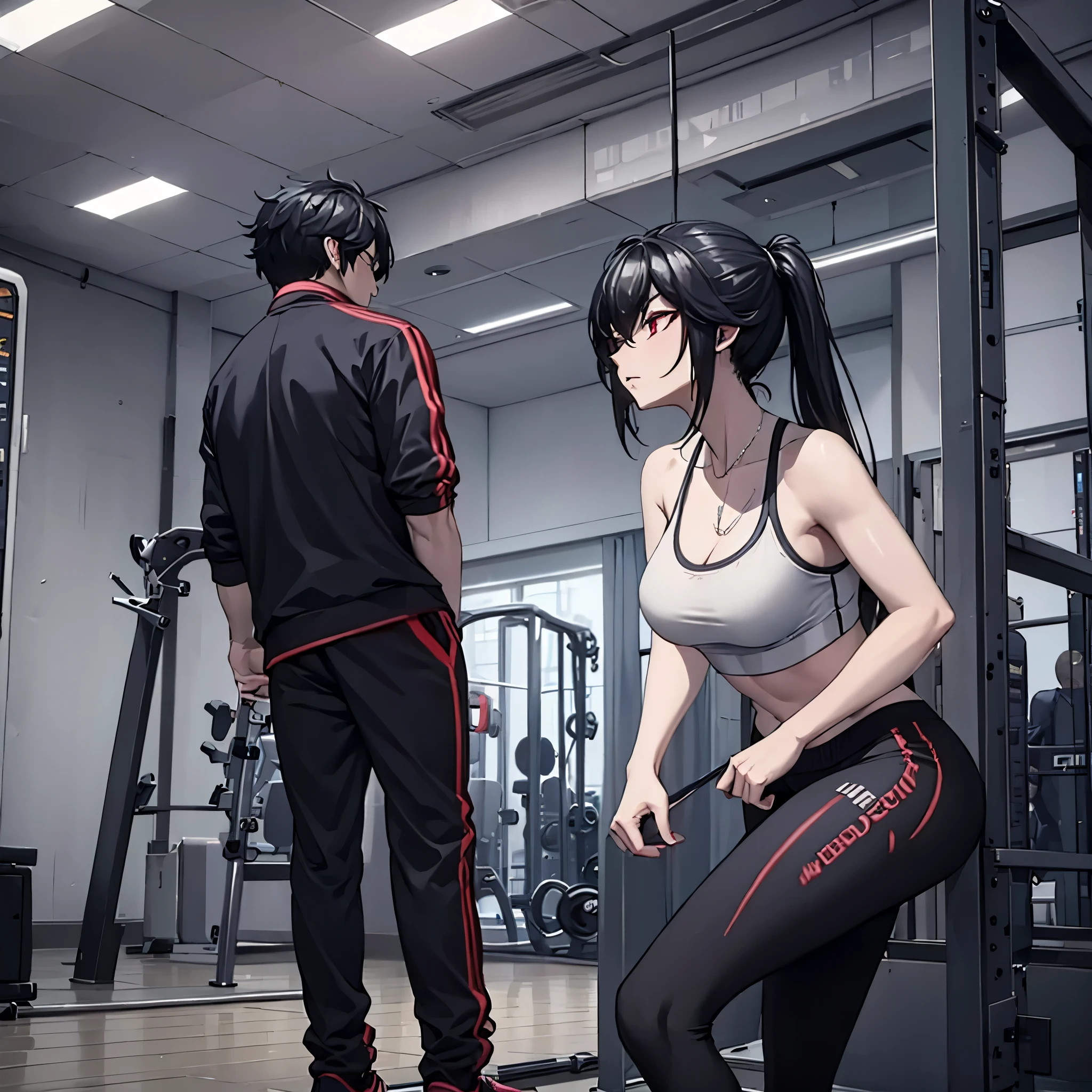 a man and a woman(eye red) in a gym working out in gym clothes in a fitness gym.
