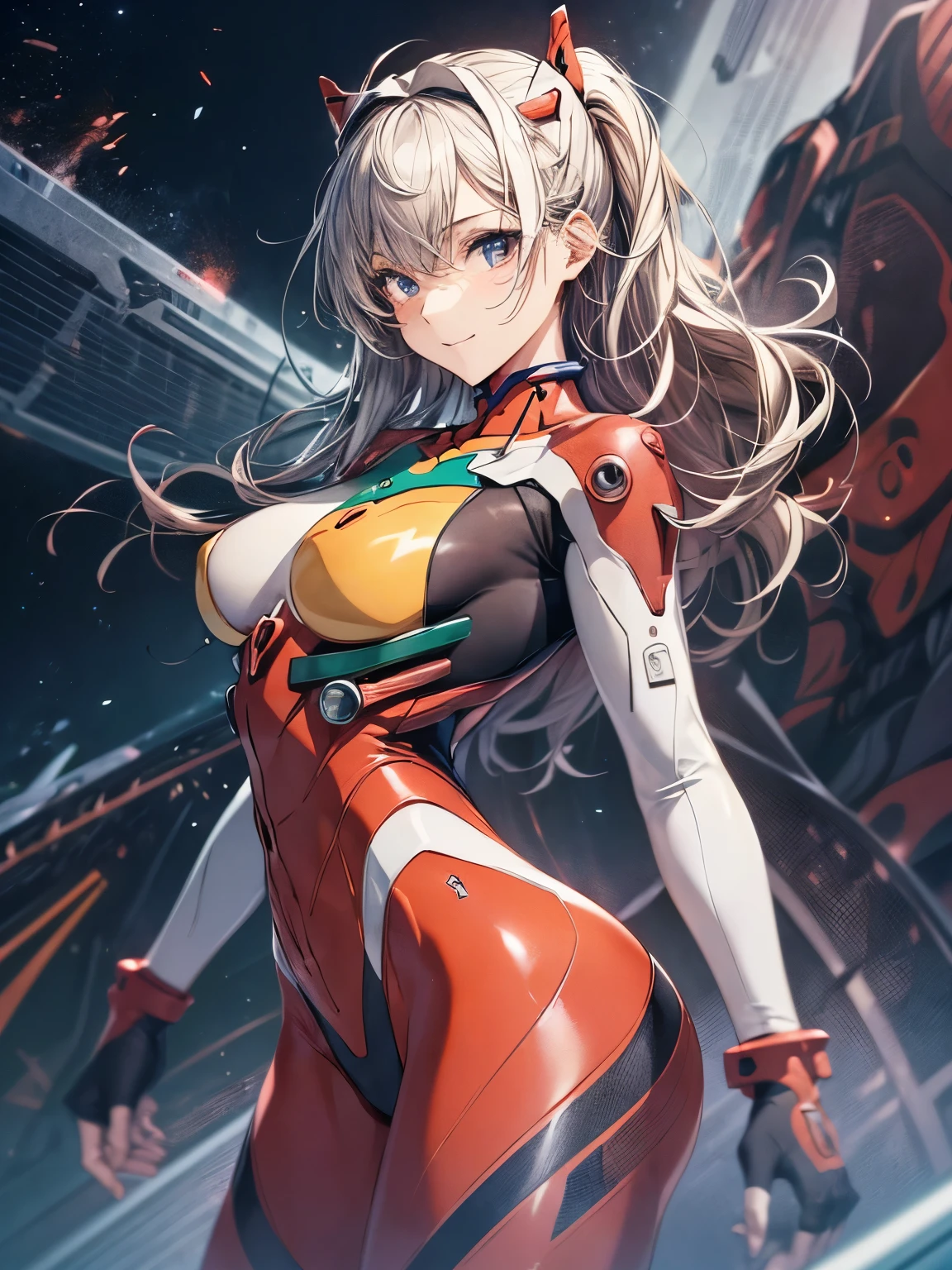 highest quality、All limbs、full finger、1 girl、((one beautiful woman、solo))、silver haired woman、Shoulder-length medium hair、straight hair、big breasted woman、big smile、(((red full body evangelion plug suit:1.2)))、(((fighting stance)))、legs shoulder-width apart