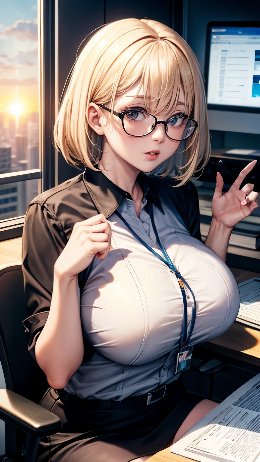 Blonde Shorthair　Glasses　black blouse　black tight skirt　stockings　(lanyard id card)　50 years old　red rouge plump lips　round face　Plump　back view　(eyecontact)　Sitting in a chair at a computer desk in an office in a high-rise building, I turn around and look at me.　sunset　A female secretary spoke to me　