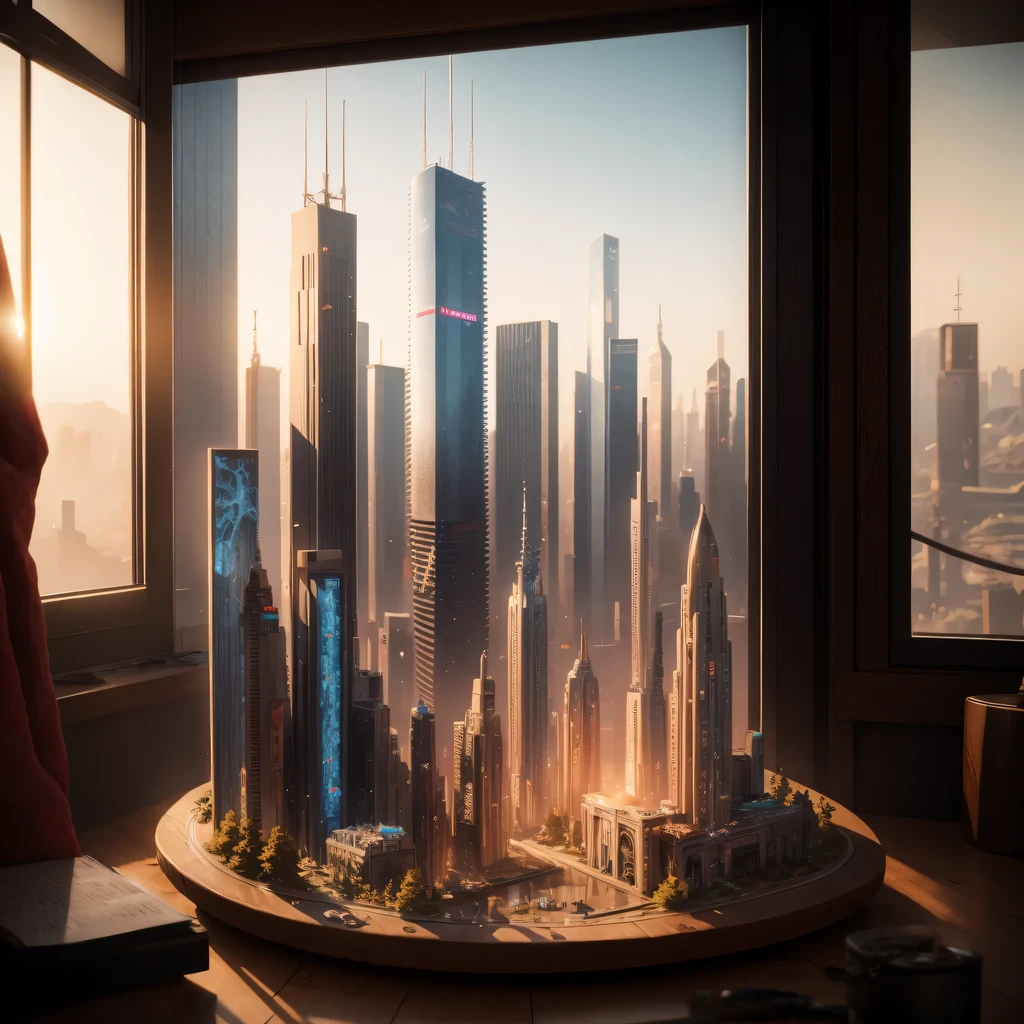 small realistic model, (8k, original photo, best quality, masterpiece:1.4),Steampunk Cyberpunk City,(Cyberpunk light:1.3),on the table,horizon (related to land),(in a small nature box:1.3),Isometric, small nature, landscape on foundation,landscape,