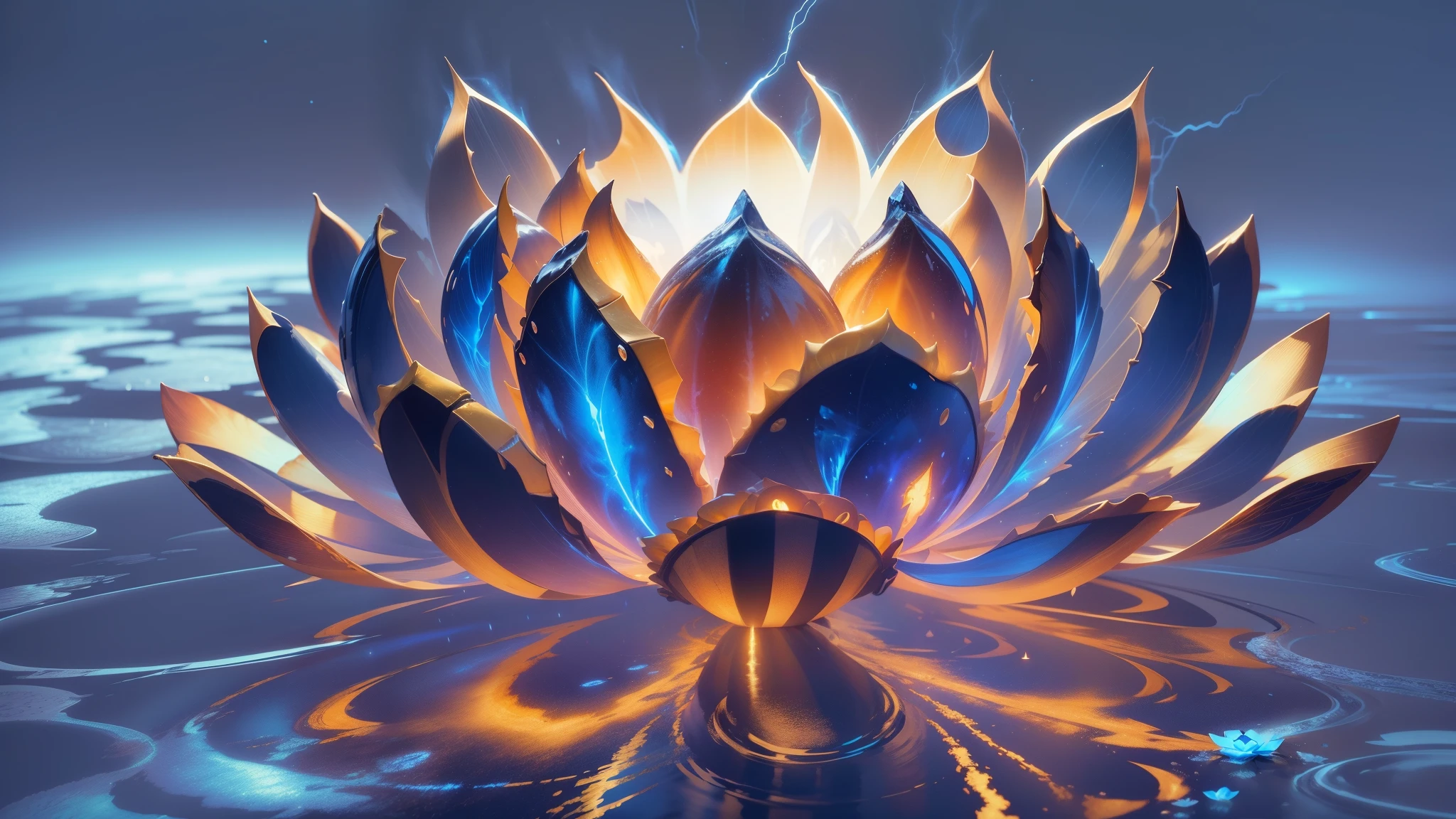 A large crystal clear lotus flower, {blue white colors}Fire,Swaying water ripples(inverted image),Lightning ions,Light effects,Extreme CG,Blizzard style art trends,Diffuse luminous fog Noctilucent particles,Bright volumetric lamp,diffused reflections,Cobalt blue and reflective gold,The light of the Buddha shines,Quiet and peaceful - AR 9:16 --s 750 --v 5.2