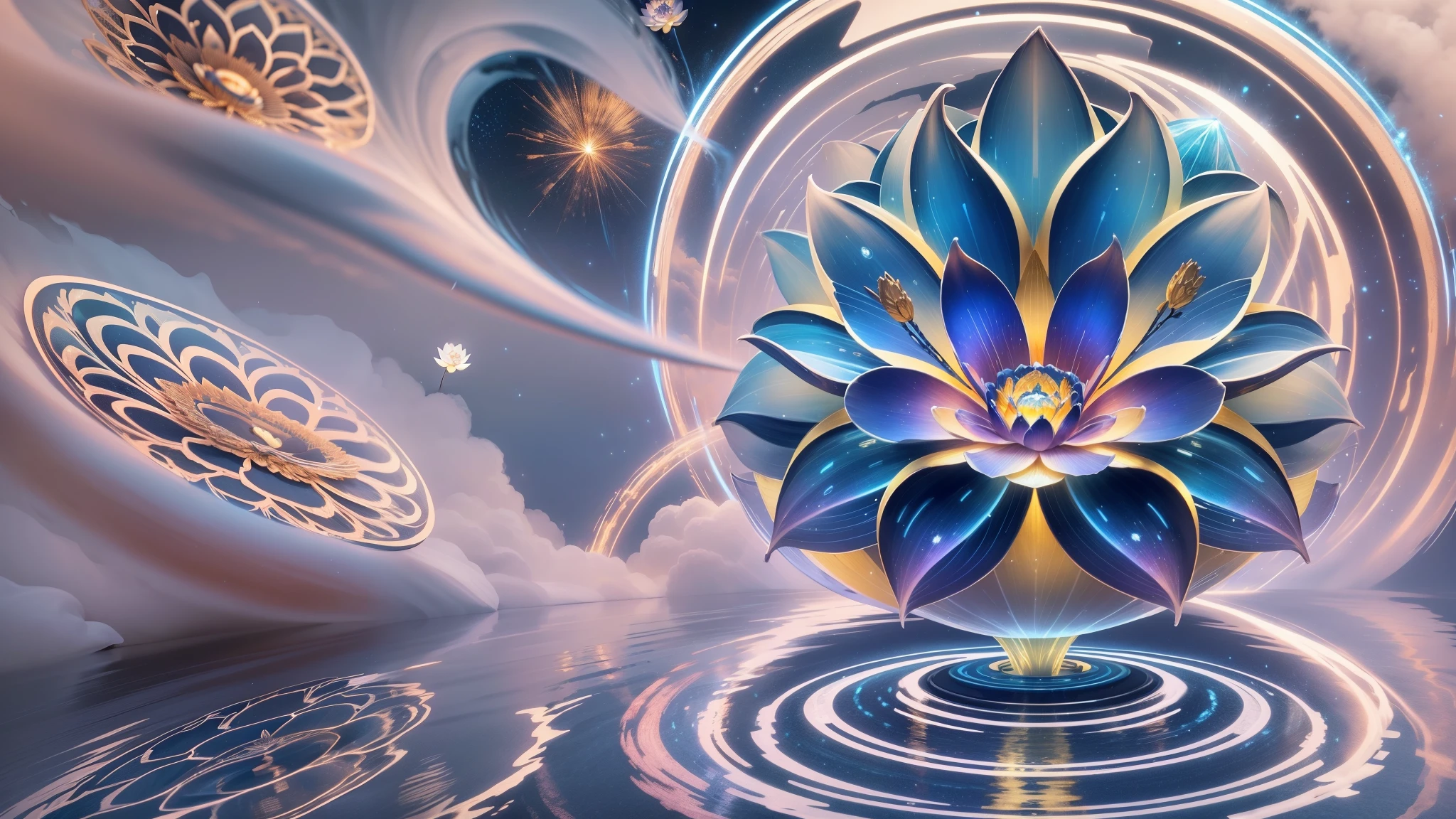 A large crystal clear lotus flower, {blue white colors}Fire,Swaying water ripples(inverted image),Lightning ions,Light effects,Extreme CG,Blizzard style art trends,Diffuse luminous fog Noctilucent particles,Bright volumetric lamp,diffused reflections,Cobalt blue and reflective gold,The light of the Buddha shines,Quiet and peaceful - AR 9:16 --s 750 --v 5.2