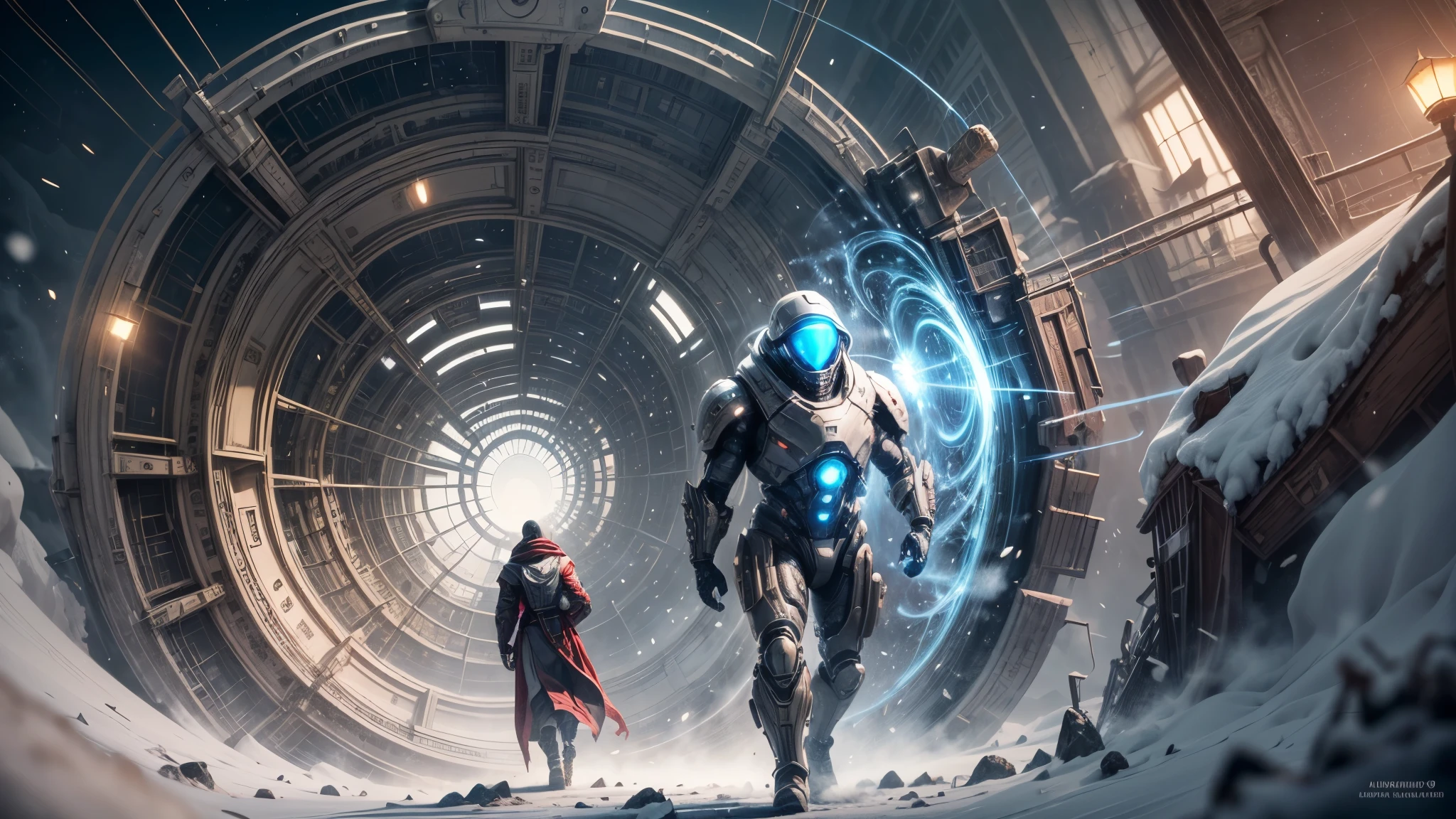 masterpiece, best quality, official art, extremely detailed CG unity 8k wallpaper, highly detailed, absurdres, 8k resolution, Panorama, Depth of field, (((titans))), solo, (soldier), thick eyebrows, beard, dark_persona, short hair, black hair, pauldrons, aviator sunglasses, cybernetic prosthesis, (safari jacket), (turning around), (look at viewer), in winter, snow,ice, snowflakes, (glacier), ((art nouveau)), ((alphonse mucha)), available light, Cinematic Lighting, (Magic Vortex),(alien portal:1.3,soldier enters the portal:1.3),sci-fi themed,Mystic Light