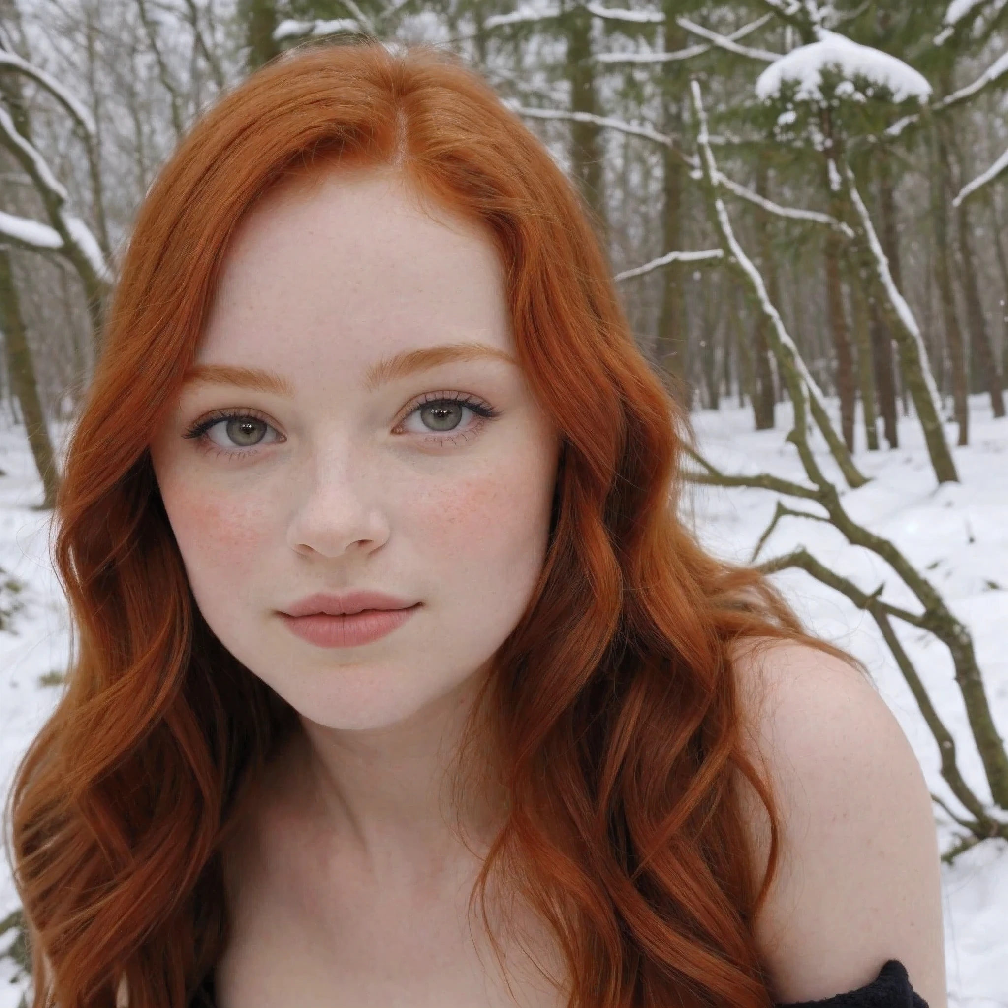 promenade dans la neige en forêt, photo du coprs complet d'une jolie fille rousse de 20 ans, roux, (Avoir l’air timide:1.3), taches de rousseur, visage détaillé, peau détaillée, beau corps, yeux bleus ronds, eye-liner noir, lèvres sensuelles, pleine nature, aime la nature