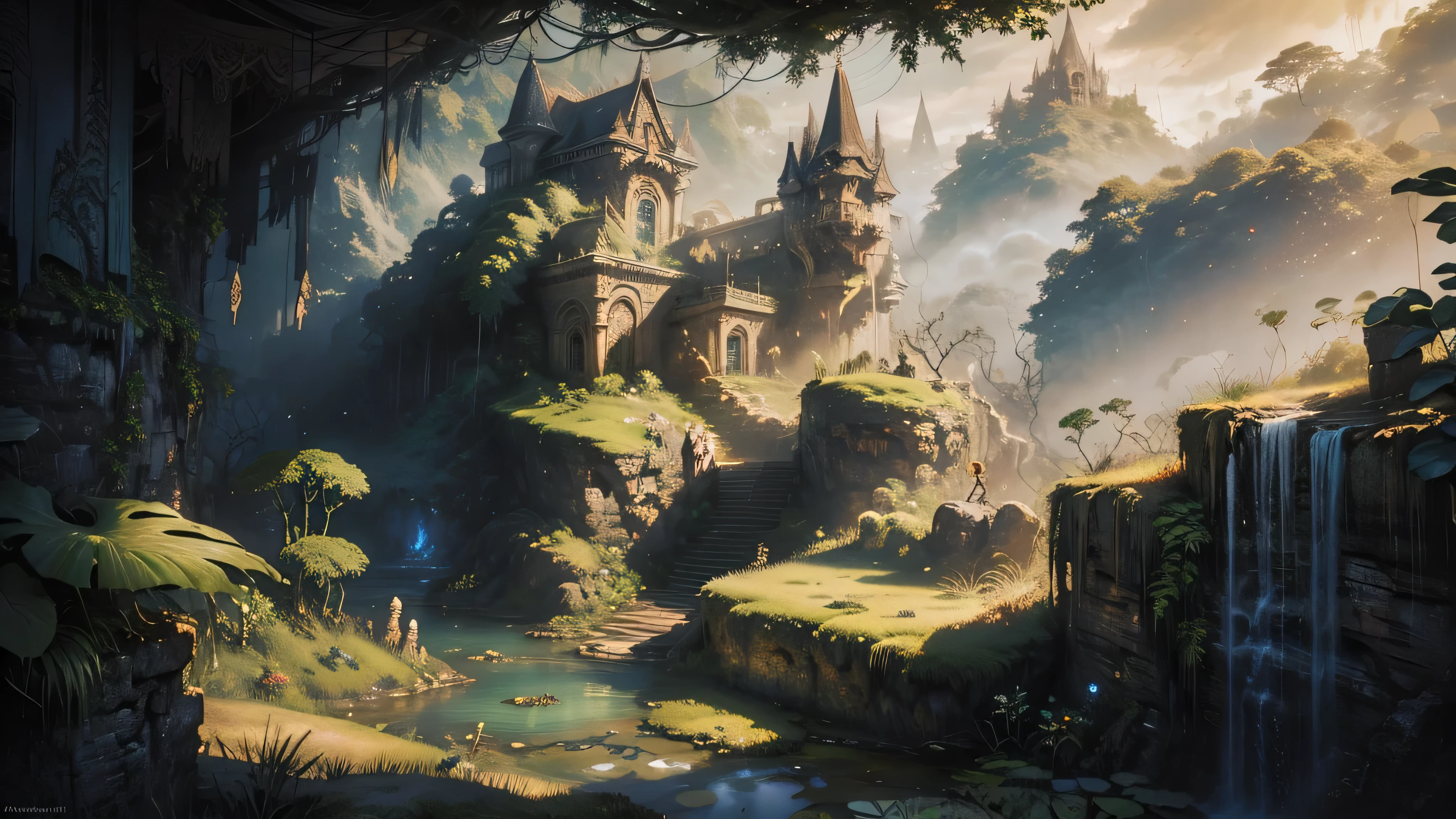 There is a waterfall in the middle of a tropical jungle, bela fantasia detalhada, fantasia altamente detalhada, fantasy scenic, arte digital de fantasia detalhada, Arte digital de fantasia 2D, arte digital detalhada de fantasia 2D, impressive paisagem de fantasia, fantasy pictorial style, arte estilo fantasia, medieval paisagem de fantasia, paisagem de fantasia, realistic fantasy illustration, Arte de fantasia 4k, cidade de fantasia