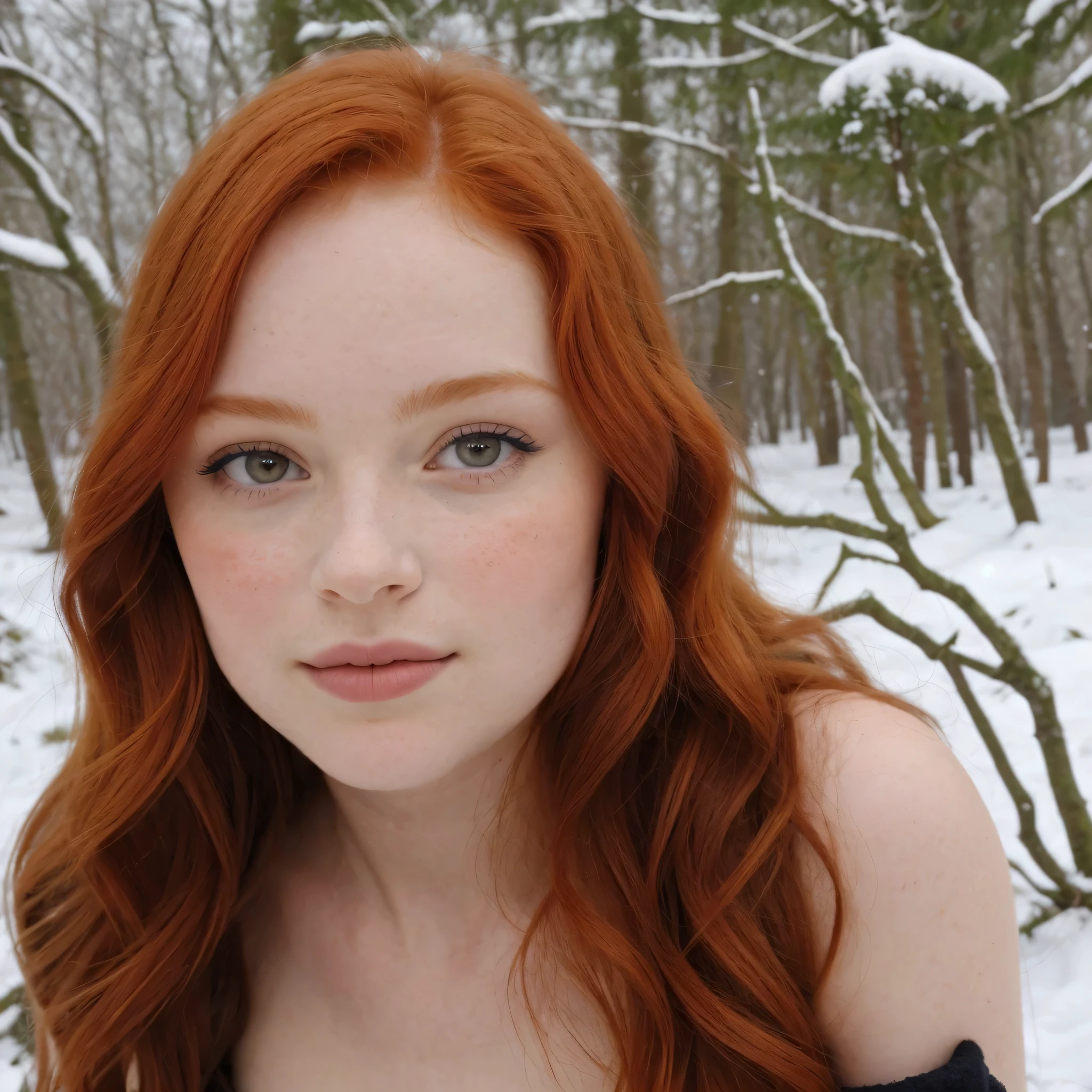 promenade dans la neige en forêt, photo du coprs complet d&#39;une jolie fille rousse de 20 ans, roux, (Avoir l’air timide:1.3), taches de rousseur, visage détaillé, peau détaillée, beau corps,  yeux bleus ronds, eye-liner noir, lèvres sensuelles, pleine nature, aime la nature