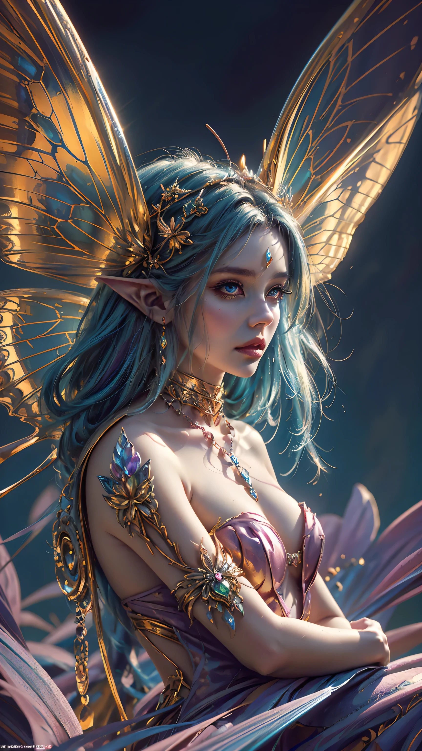 o fim de uma linda mulher com um capacete de borboleta e um vestido dourado, personagem de fantasia hiper-detalhado, olhos de vidro rosa, full and sensual lips, Arte digital altamente detalhada em 4K, detailed arte digital de fantasia, Fantasia com detalhes 4K , arte fantasia behance, beautiful arte de fantasia portrait, Grande arte digital com detalhes, digital arte de fantasia ), Arte detalhada de alta qualidade 8k, Estilo de arte fantasia, retrato de uma fada, com asas de borboleta na orelha, personagem de fada fantasia hiper detalhada, linda fada, arte digital de fantasia, digital arte de fantasia, detalhes minuciosos, arte de fantasia, bela imagem de arte digital, Octane rendering, imagem de fantasia, cores vibrantes e intensas