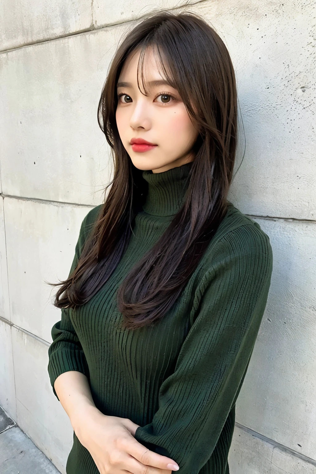 top quality, 1beautiful women, age 28, S, 35mm lens,, cowboy shot, concrete background、mortar style background、green turtleneck knit、Light brown、mortar style wall,from below、straight hair、straight hair、shiny hair,silky hair