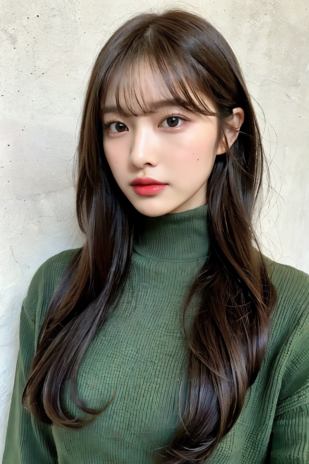 top quality, 1beautiful women, age 28, S, 35mm lens,, cowboy shot, concrete background、mortar style background、green turtleneck knit、Light brown、mortar style wall,from below、straight hair、straight hair、shiny hair,silky hair、green clothes