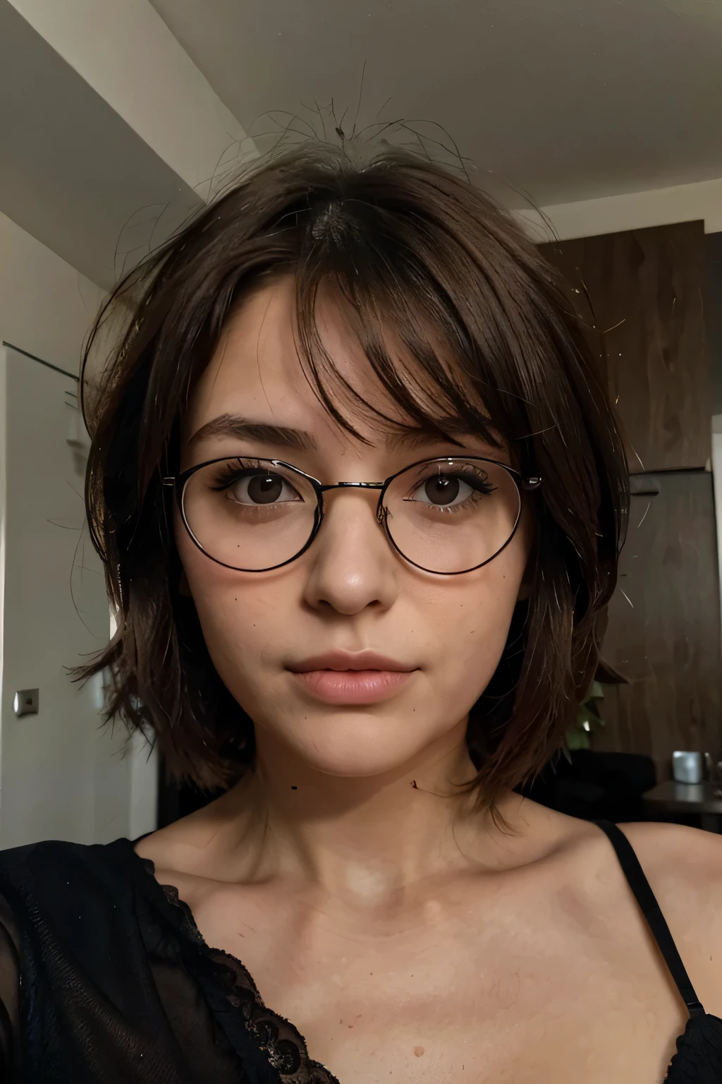 photographie d'une femme de 20 ans, visage parfait, ille brune, cheveux longs, fringe, grosse lunettes de vu, shorty. Realistic. facing camera. portrait. selfie