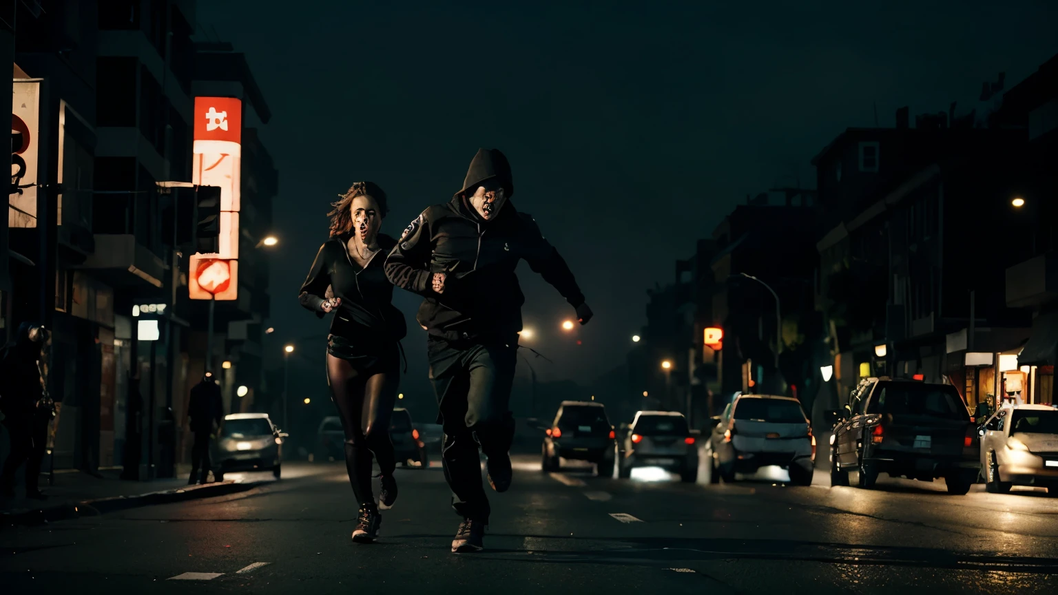 creates a vectorized image (looking like a drawing) of a 30-year-old masked man murdering a young 2 woman. both are black. The murder takes place in a parking lot with many trees. the man is thin and of average height. the man is wearing black clothes and the woman is dressed decently
