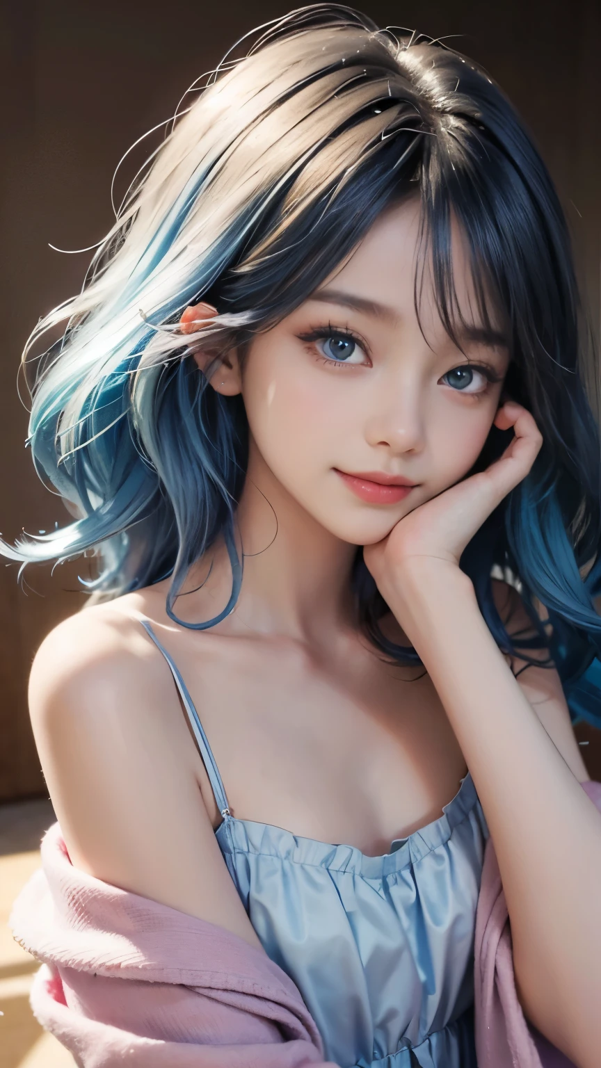 1 6 year old girl，child，happy grin，Cute *********** skin color，blue eyes，blue hair，curls、semi long hair，flat chest，Cute pink lips，Wear off-the-shoulder shirts，Realistic illustration of her face，Finger realistic，Fascinating sketches，Smooth and shiny，Hazy，super blanket style，School background--ar 1:1--Niji 5--Stylistic expression--S 50，No makeup，Super cute without makeup