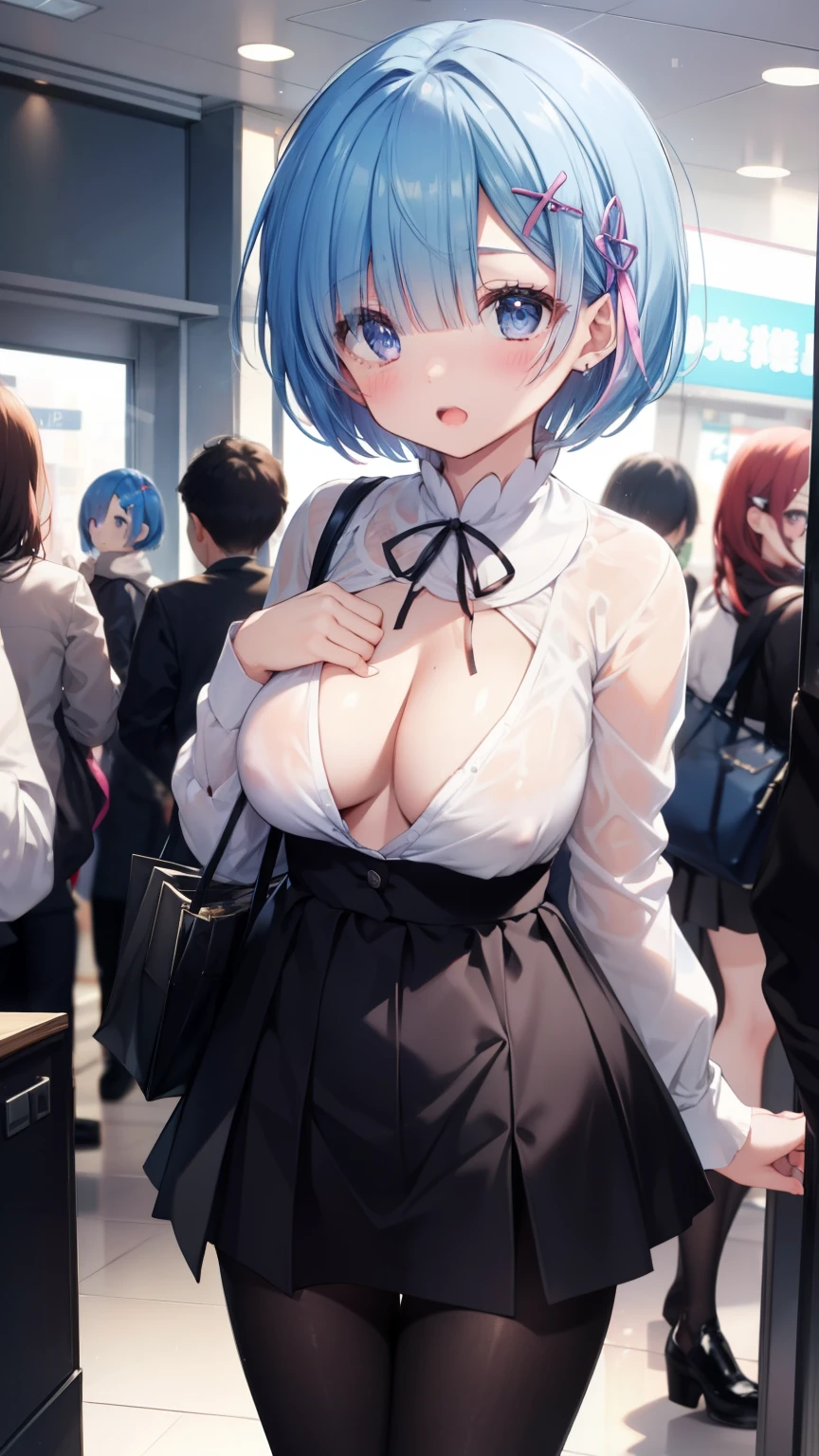 Rem of Rezero、blue hair、short hair、table top、High resolution、lots of girls、Multiple Girls、large crowd、lots of cute girls、big and full breasts、naughty body、underwear only、see-through、pink lingerie、throw、、whole body、standing、Looking up at me、confused face、blush、black pantyhose、The shape of a woman's private parts is clearly visible、nipples are visible、white shirt、navy checkered skirt、micro mini skirt、very short skirt、department store、The shops、a lot of people、in the crowd、Naked breasts、show your chest、circle