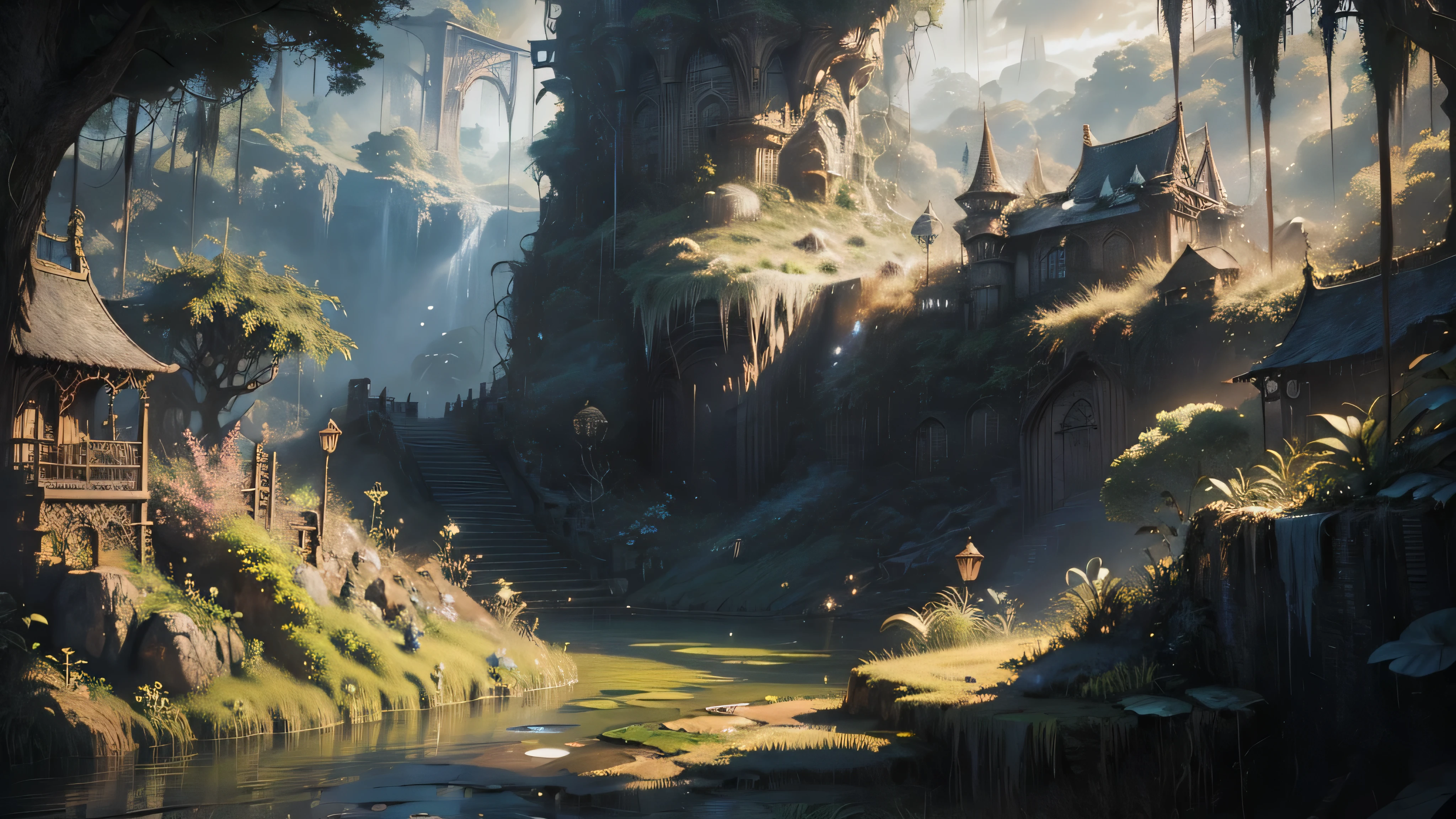 There is a waterfall in the middle of a tropical jungle, bela fantasia detalhada, fantasia altamente detalhada, fantasy scenic, arte digital de fantasia detalhada, Arte digital de fantasia 2D, arte digital detalhada de fantasia 2D, impressive paisagem de fantasia, fantasy pictorial style, arte estilo fantasia, medieval paisagem de fantasia, paisagem de fantasia, realistic fantasy illustration, Arte de fantasia 4k, cidade de fantasia