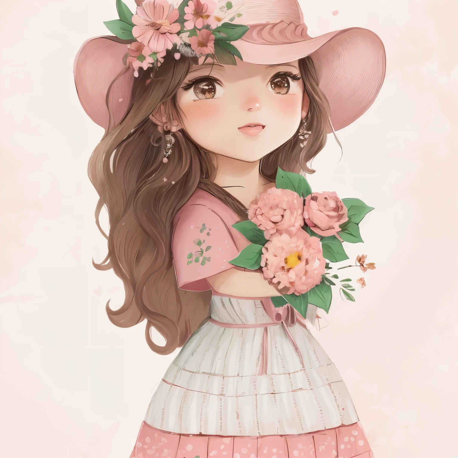 illustration of a girl in a pink dress and a pink hat holding a bouquet, estilo de arte fofo, Rosa, linda garota kawaii, arte digital fofa, Linda garota de anime, temporadas!! : 🌸 ☀ 🍂 ❄, linda garota, fofo de desenho animado, personagem fofo, Mulher fofa, desenho animado fofo, she is wearing a hat, no art style by bowater, retrato fofo
