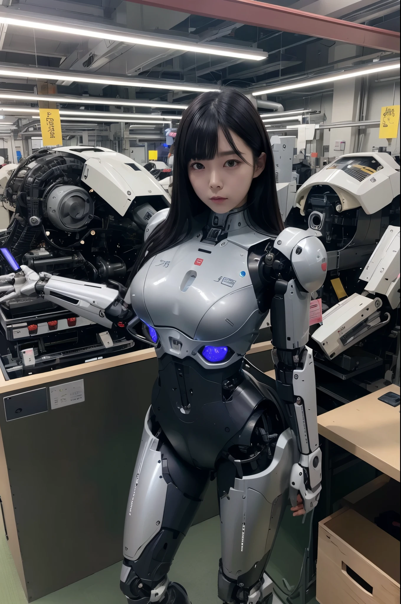 masterpiece, best quality, extremely detailed, Japaese android girl,Plump , control panels,android,Droid,Mechanical Hand, Robot arms and legs, Black hair,Blunt bangs,perfect robot girl,long tube,thick cable connected her neck,android,robot,humanoid,cyborg,japanese cyborg girl ,robot-assembly plant,She is assembled now,assembly scene,chest monitor camera eyes