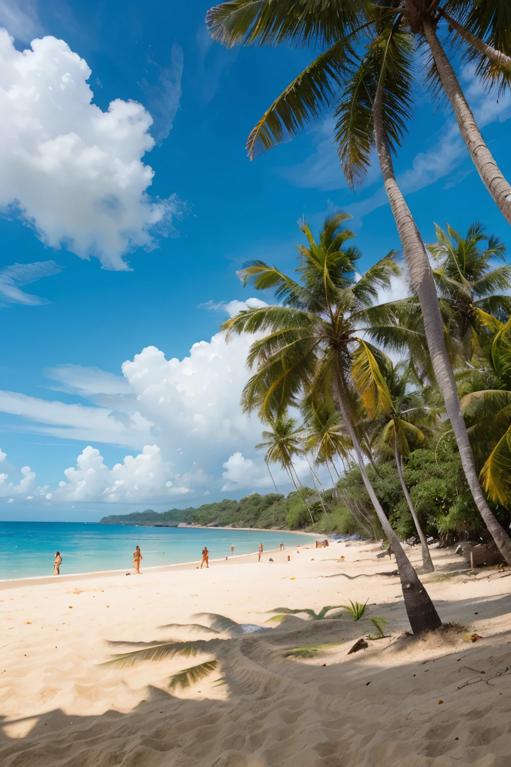 blue-sky,Yellow sandy beach,Lots of coconut trees,Holiday,Scenic beauty,Left and right composition,high saturated,blue colors,Beach foreground