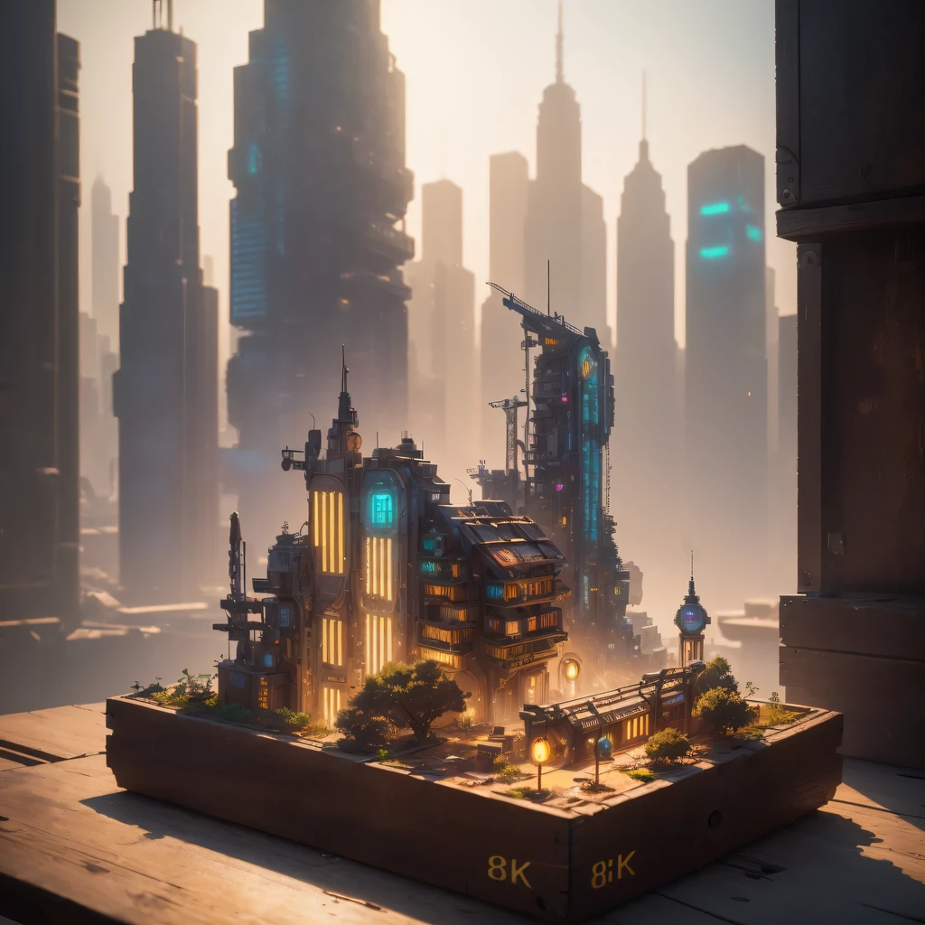 small realistic model, (8k, original photo, best quality, masterpiece:1.4),Steampunk Cyberpunk City,(Cyberpunk light:1.3),on the table,horizon (related to land),(in a small nature box:1.3),Isometric, small nature, landscape on foundation,landscape,