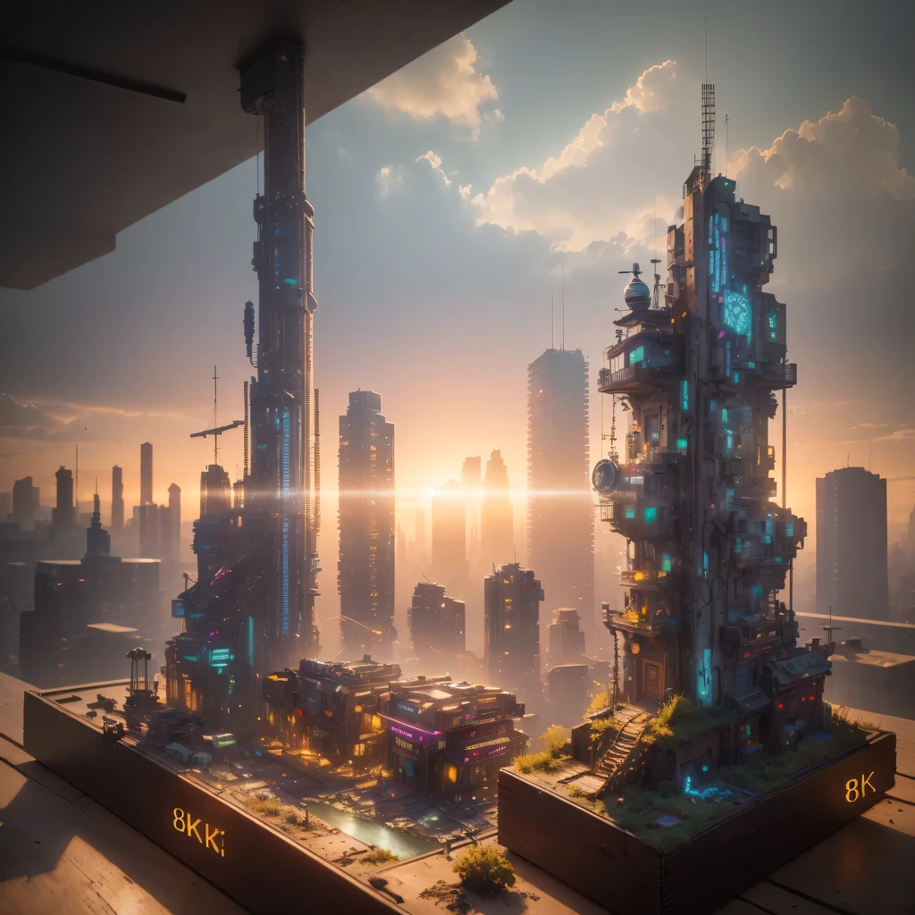 small realistic model, (8k, original photo, best quality, masterpiece:1.4),Steampunk Cyberpunk City,(Cyberpunk light:1.3),on the table,horizon (related to land),(in a small nature box:1.3),Isometric, small nature, landscape on foundation,landscape,