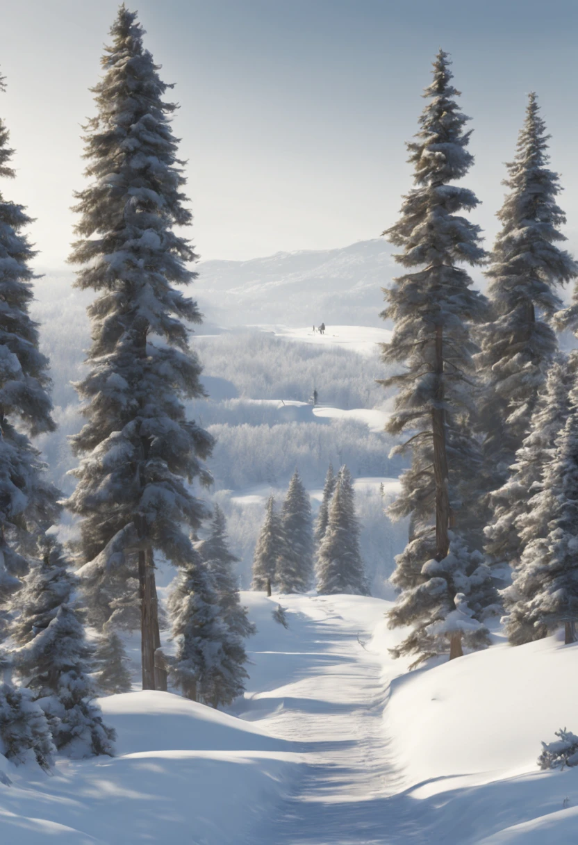 Path in snowy grove, people walking, snowy view of conifers, distant view, winding path, 4k image quality.