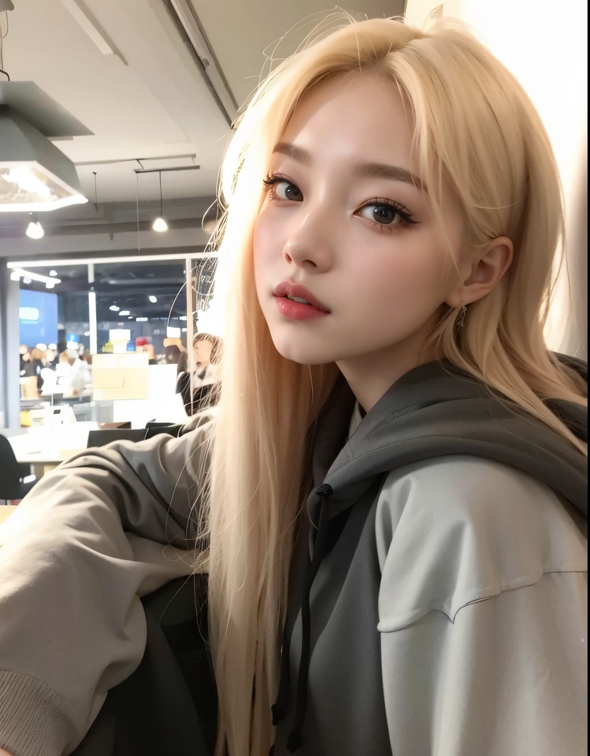 araffe girl with long blonde hair and a hoodie posing for a picture, ulzzang, korean girl, roseanne park of blackpink, popular south korean makeup, jossi of blackpink, portrait of jossi of blackpink, extremely pale blond hair, popular korean makeup, pale round face, very very pale blond hair, asian girl with long hair, beautiful south korean woman, joy red velvet