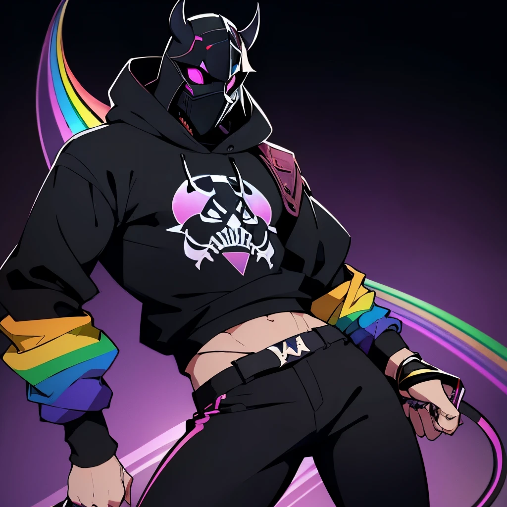 A man in a rainbow sweater with black pants a rainbow devil tail and a black crusader mask with a rainbow design in the middle