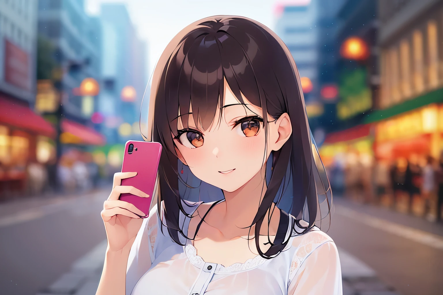 holding a phone, real person, RAW photo, photorealistic, portrait photography, shiny skin, japanese idol, 25 year old woman with bangs、(medium hair) and (brown hair) and (brown eyes), white Blouse, smile、close eyes, The background is the city at night、Alone、Upper body is shown